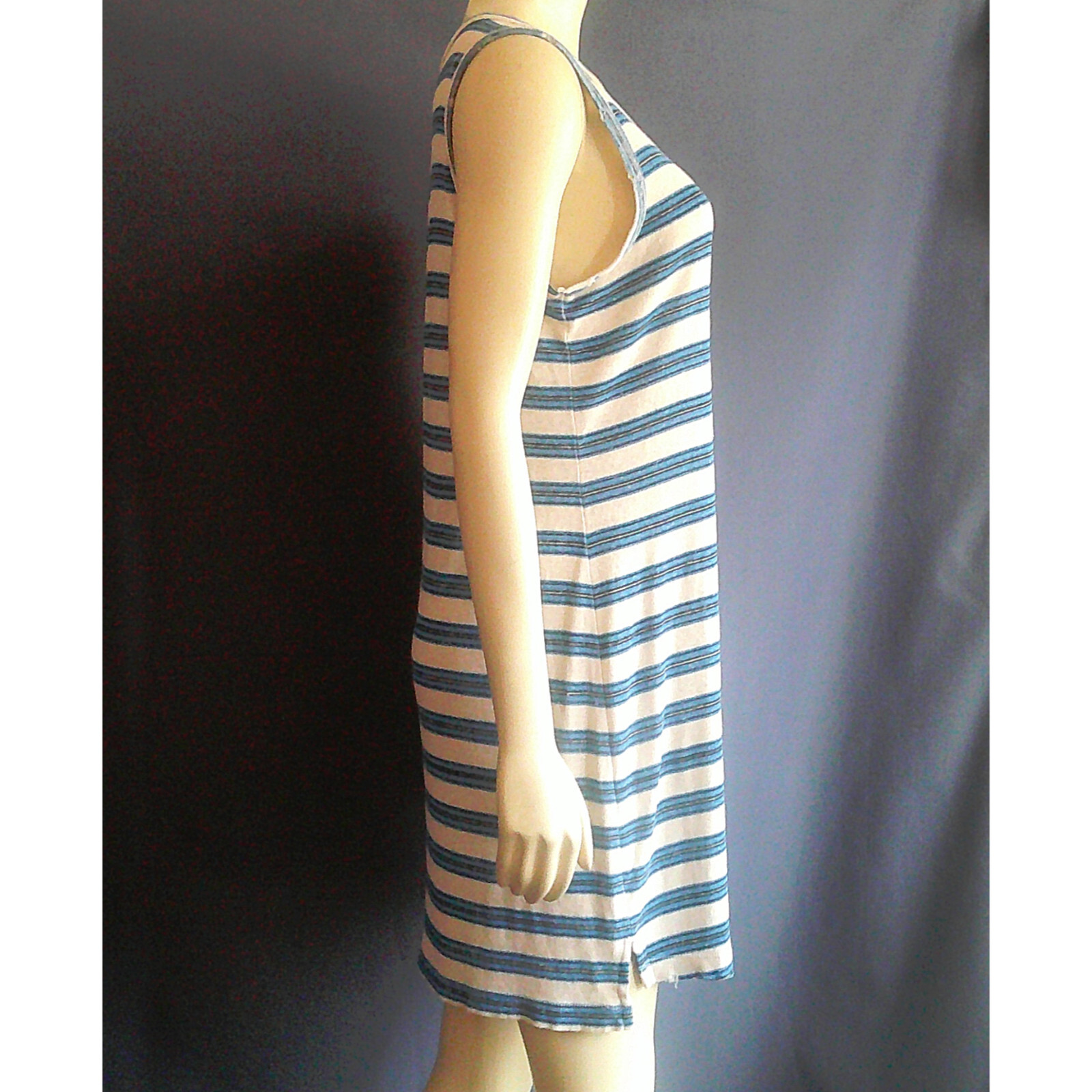 Current/Elliott Blue Wayfarer Stripe Cotton Hemp Distressed Muscle Tee Dress 1