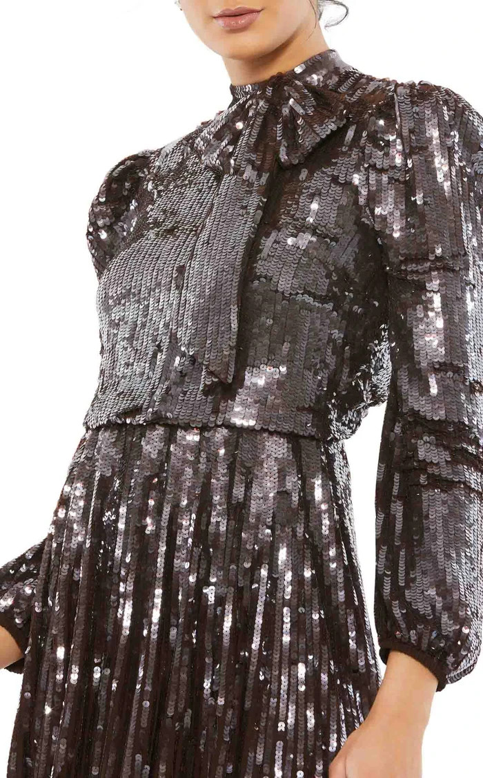 Mac Duggal Dark Chocolate Brown Long Sleeve Tea Length Sequin Dress Size 16 $598