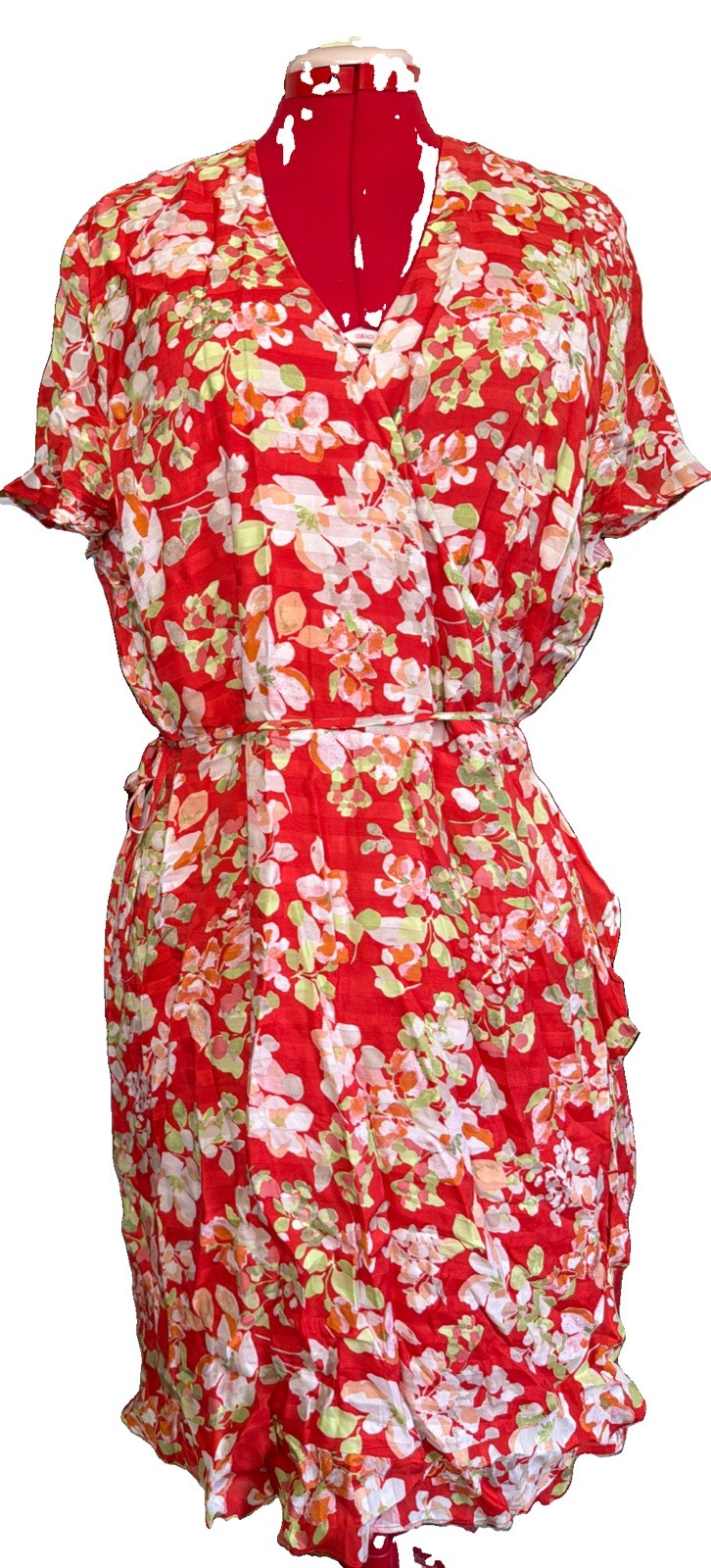 J Jill Wrap Dress XL Red/Orange Green & White Floral V Neck Knee Length Ruffled