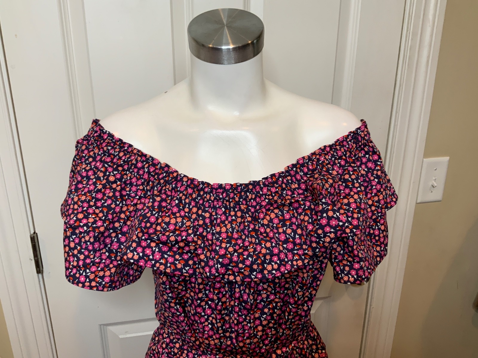 Draper James Blue Pink Poppy Ruffle Sawyer Dress, Size M