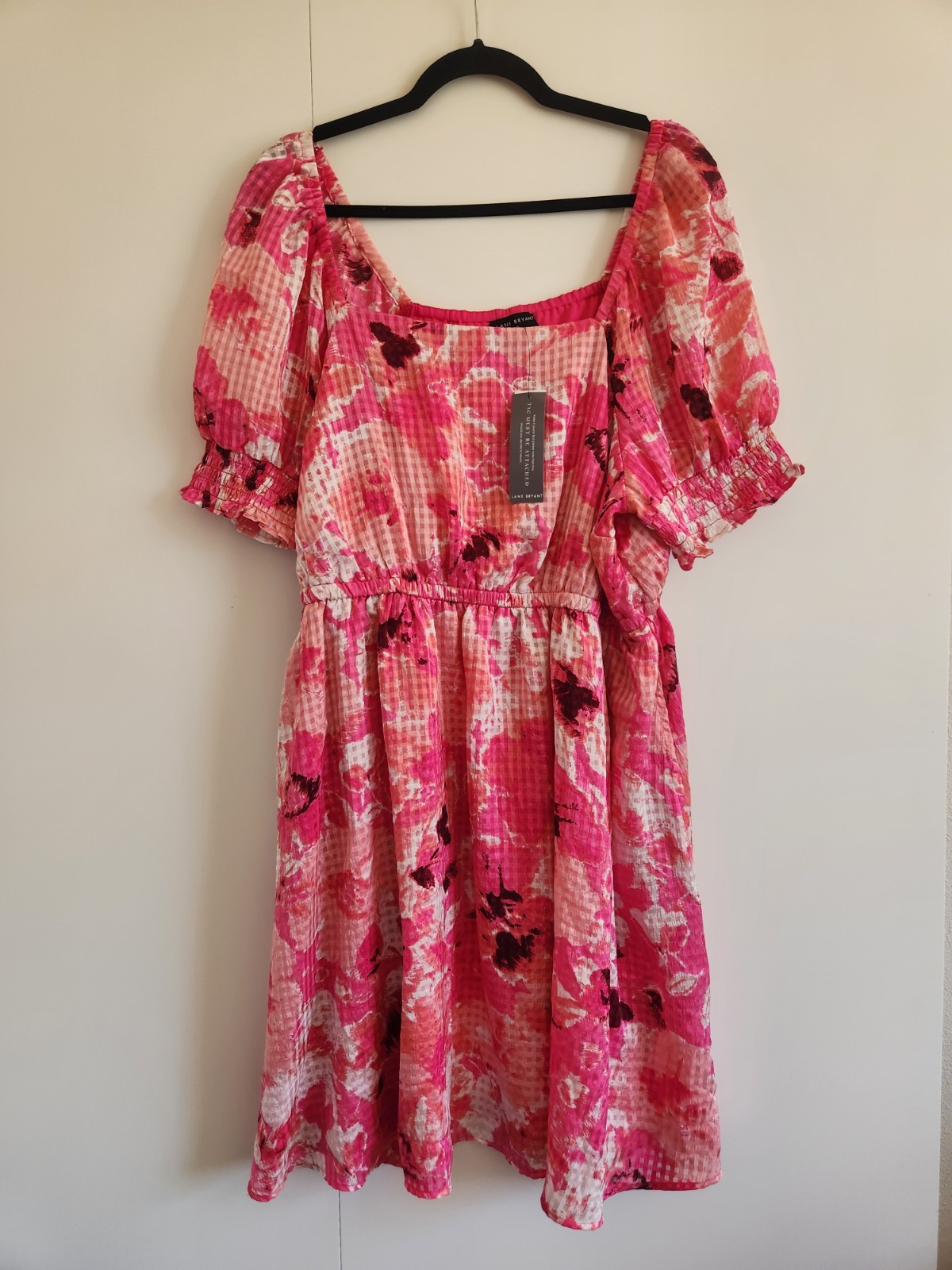Lane Bryant NWT Floral Puff Sleeve Mini Dress Size 18 Pink Gingham MSRP $99.95