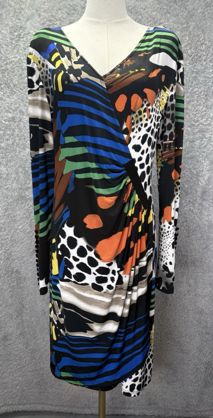 Joseph Ribkoff Women’s Size 16 Colorful Jersey Bodycon Dress V-Neck Stretch Midi