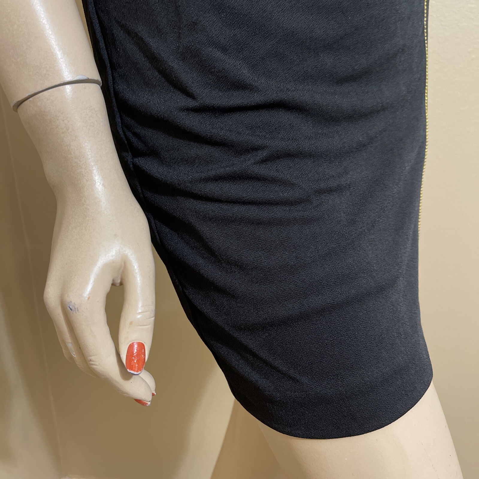 Women Black Polyester Party Stretch Slim Asymmetric Lined Beads Zip Size S Dress