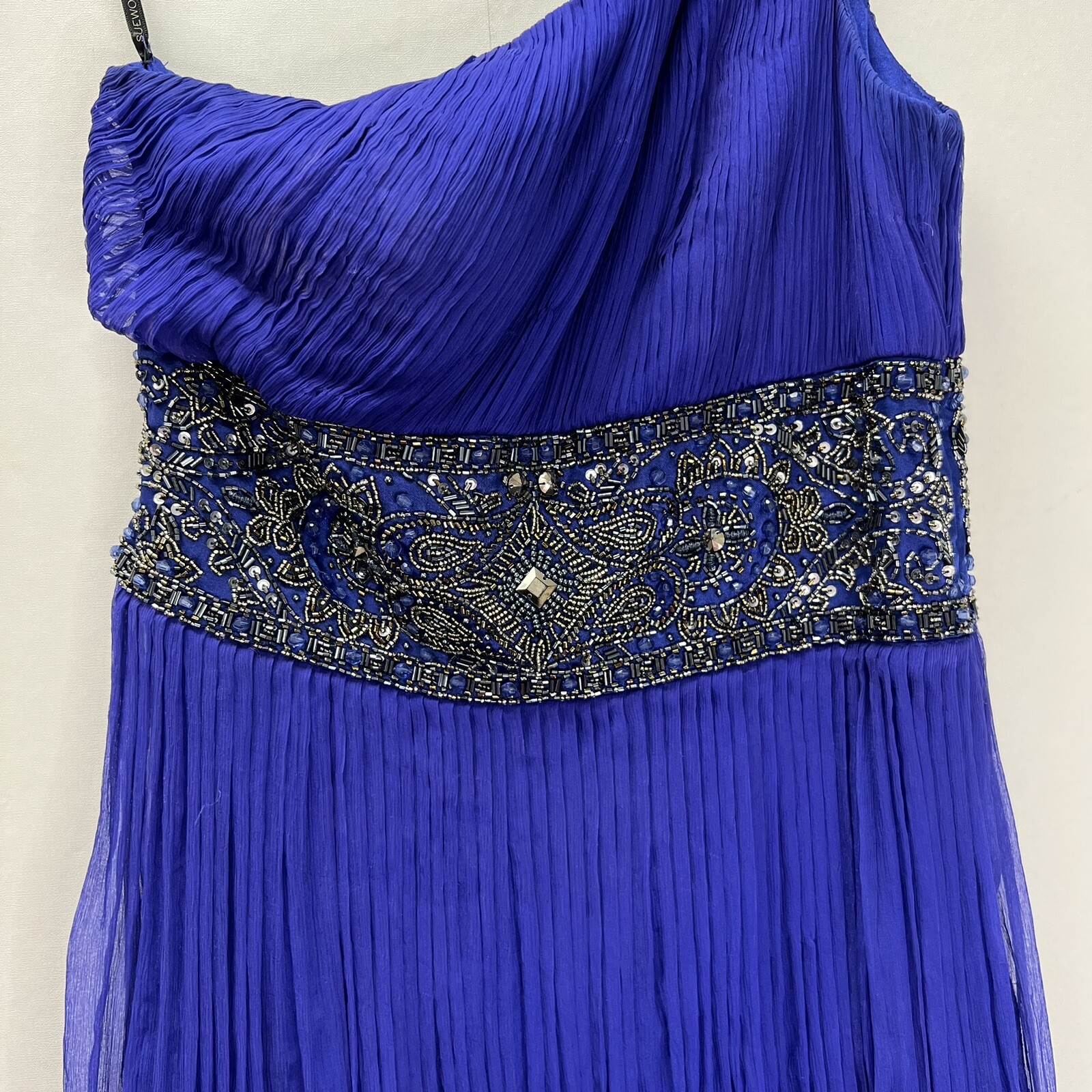 Sue Wong Nocturne Blue Silk Beaded Sequin Embellished One Shoulder Mini Dress 6