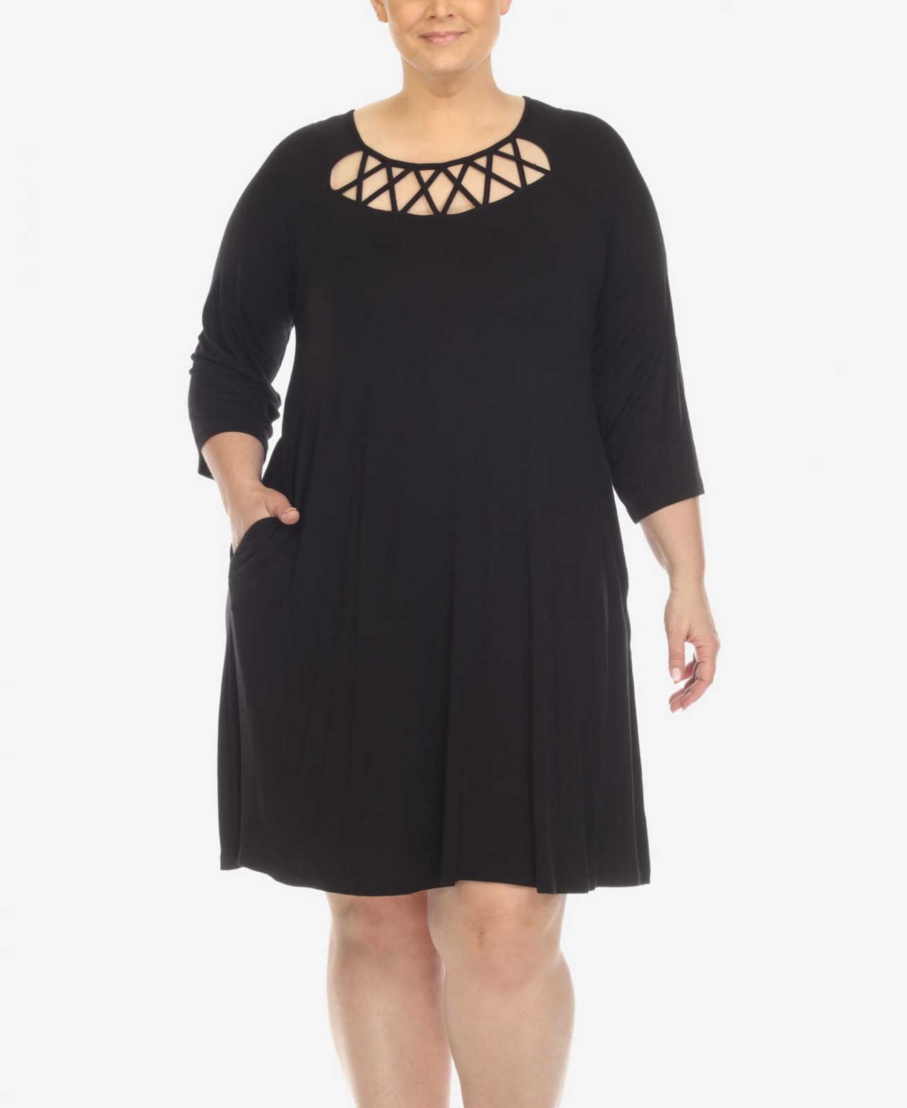 white Mark Womens Plus Size Criss Cross Neckline 3/4 Sleeve Swing Dress PS13339