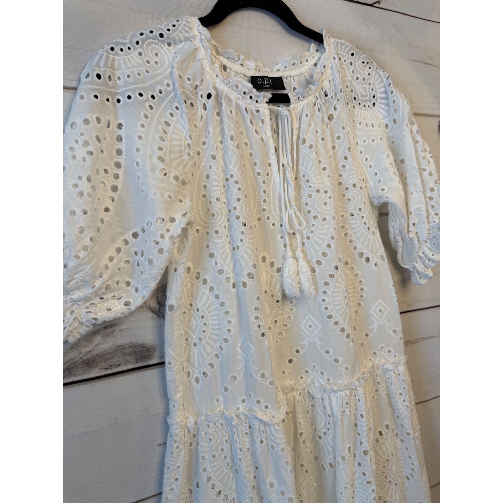 O.P.T. White Eyelet Cotton Tiered Midi Dress XS Boho Tassel Ruffle Puff Sleeve