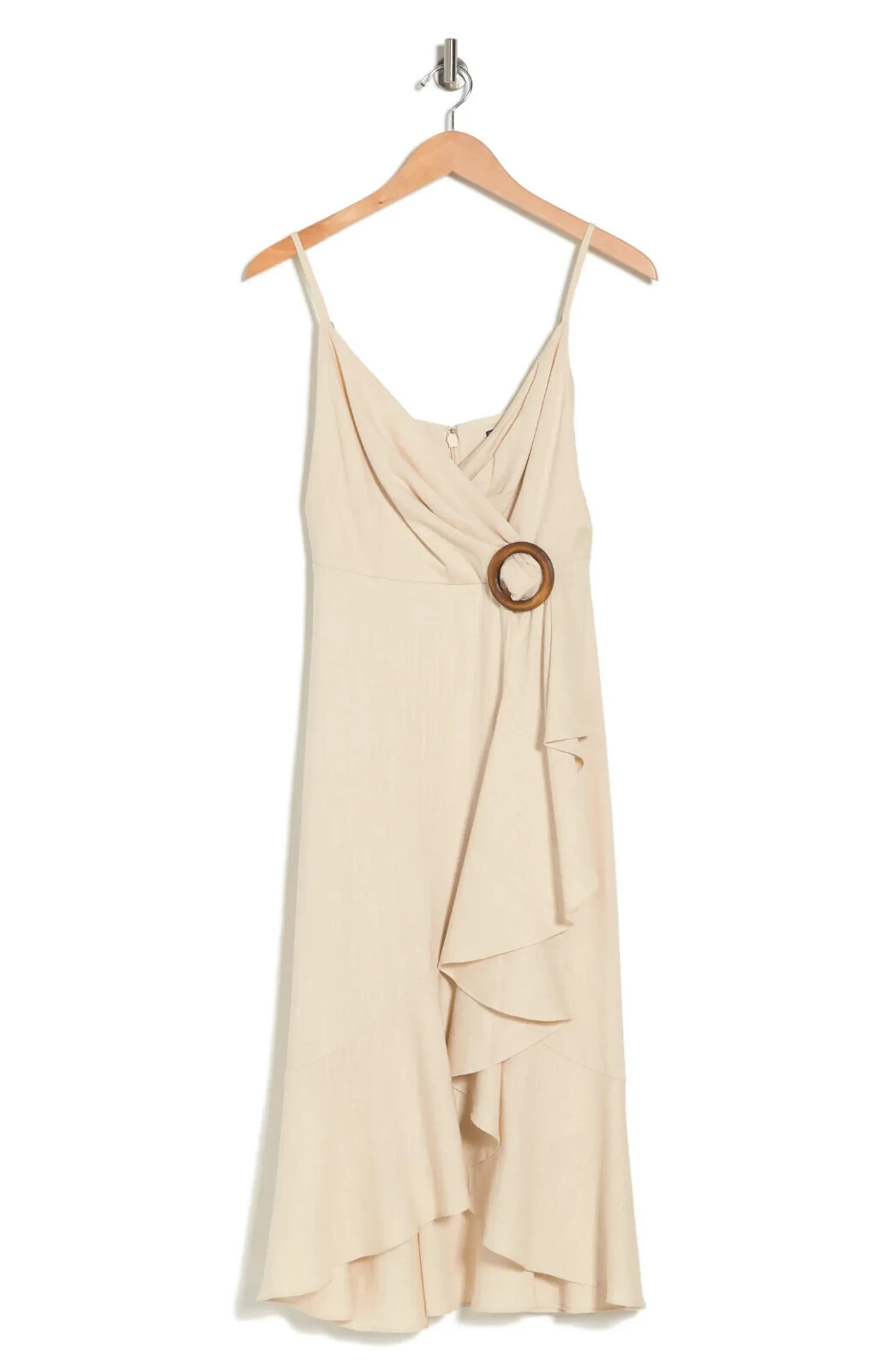BCBGMAXAZRIA LINEN BLEND “DORIS” RUFFLED MIDI DRESS IN COROZO SIZE 10-$268
