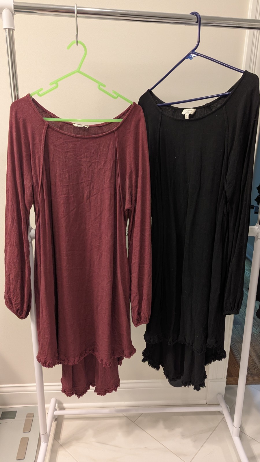 Lot of 2 Umgee Womens Large Long Sleeve Fringe Hem Tunic Dress Burgundy Black L