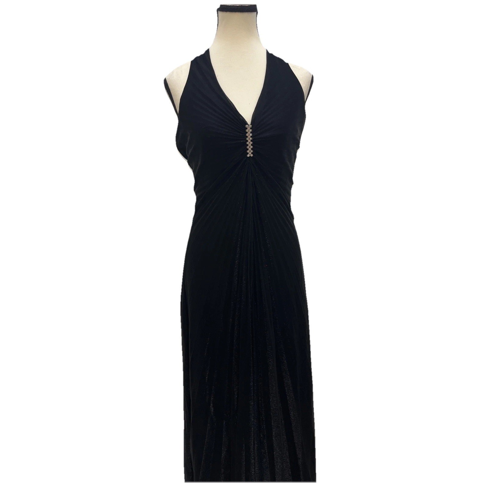 Cache Halter Gown Women 10 Black Excellent Metallic Pleated Rhinestone Formal