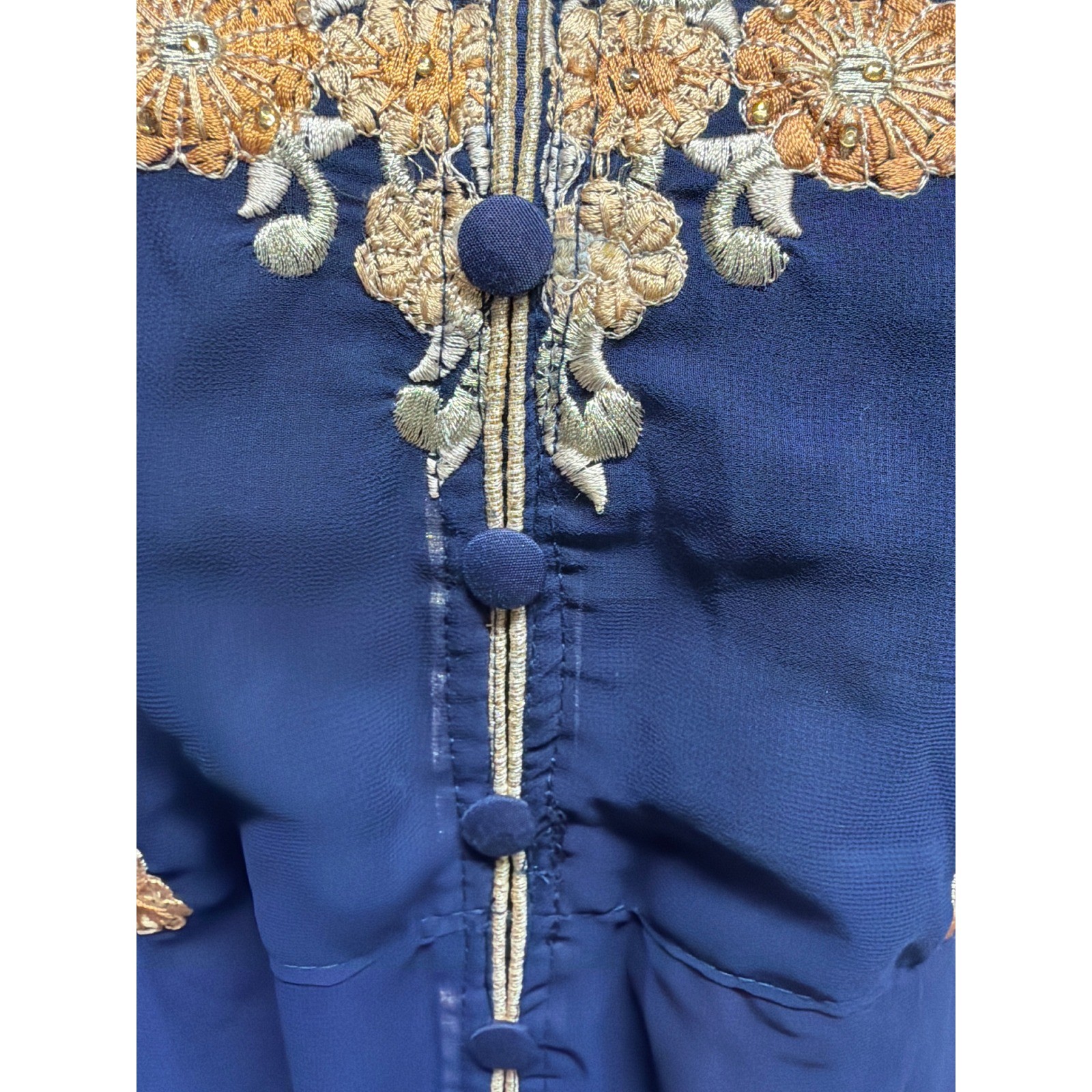 Navy Blue Gold Floral Embroidered Maxi Gown Mandarin Collar Side Zip Long Sleeve