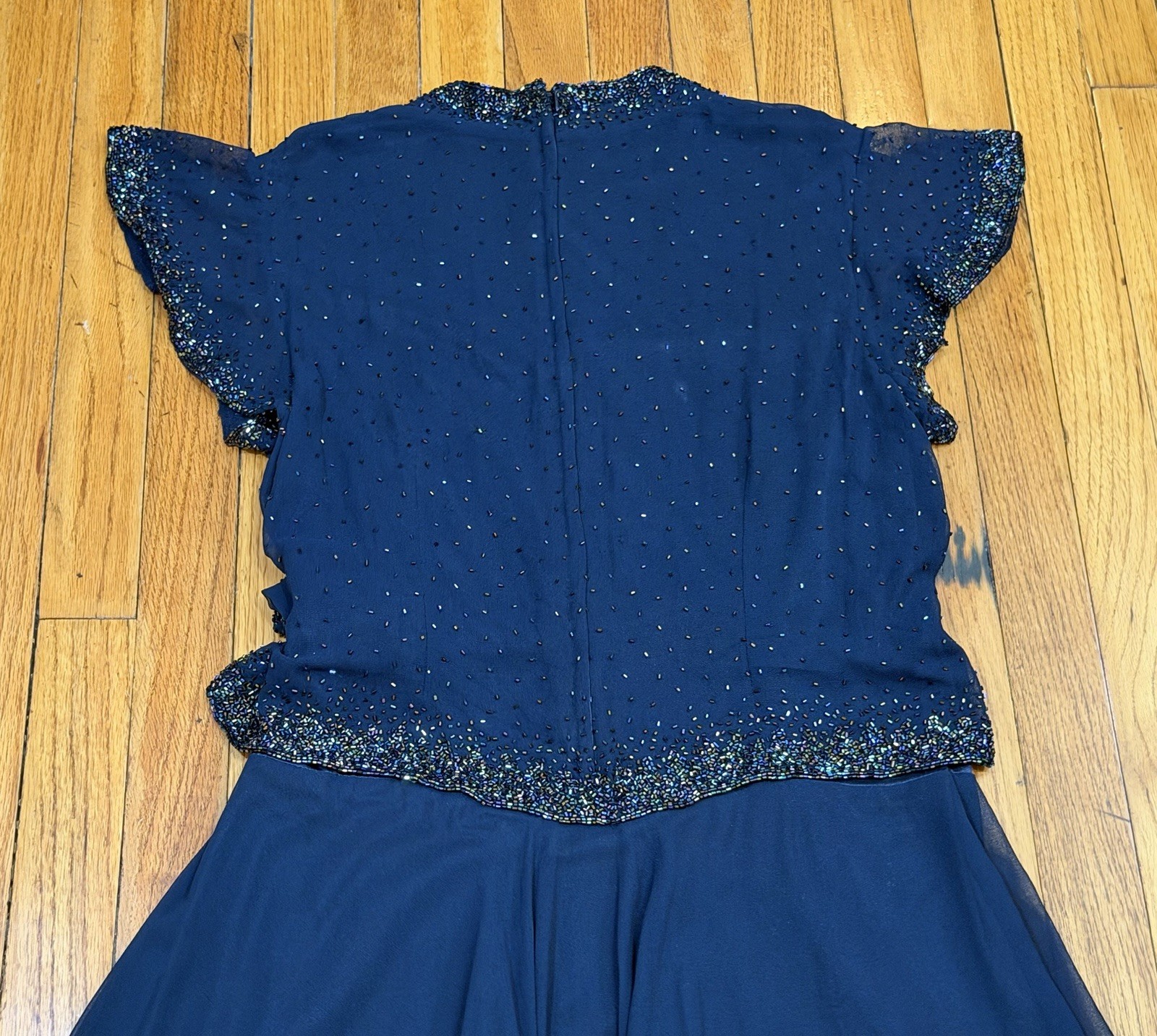 JKARA Beaded MaxiDress Navy Blue Flutter Sleeve Formal Evening Wedding Womens 14
