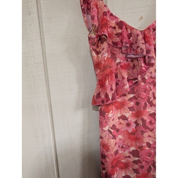 Mixed Threads Pink Floral Mesh Ruffle Asymmetrical Midi Dress Y2K Fairy Dainty M
