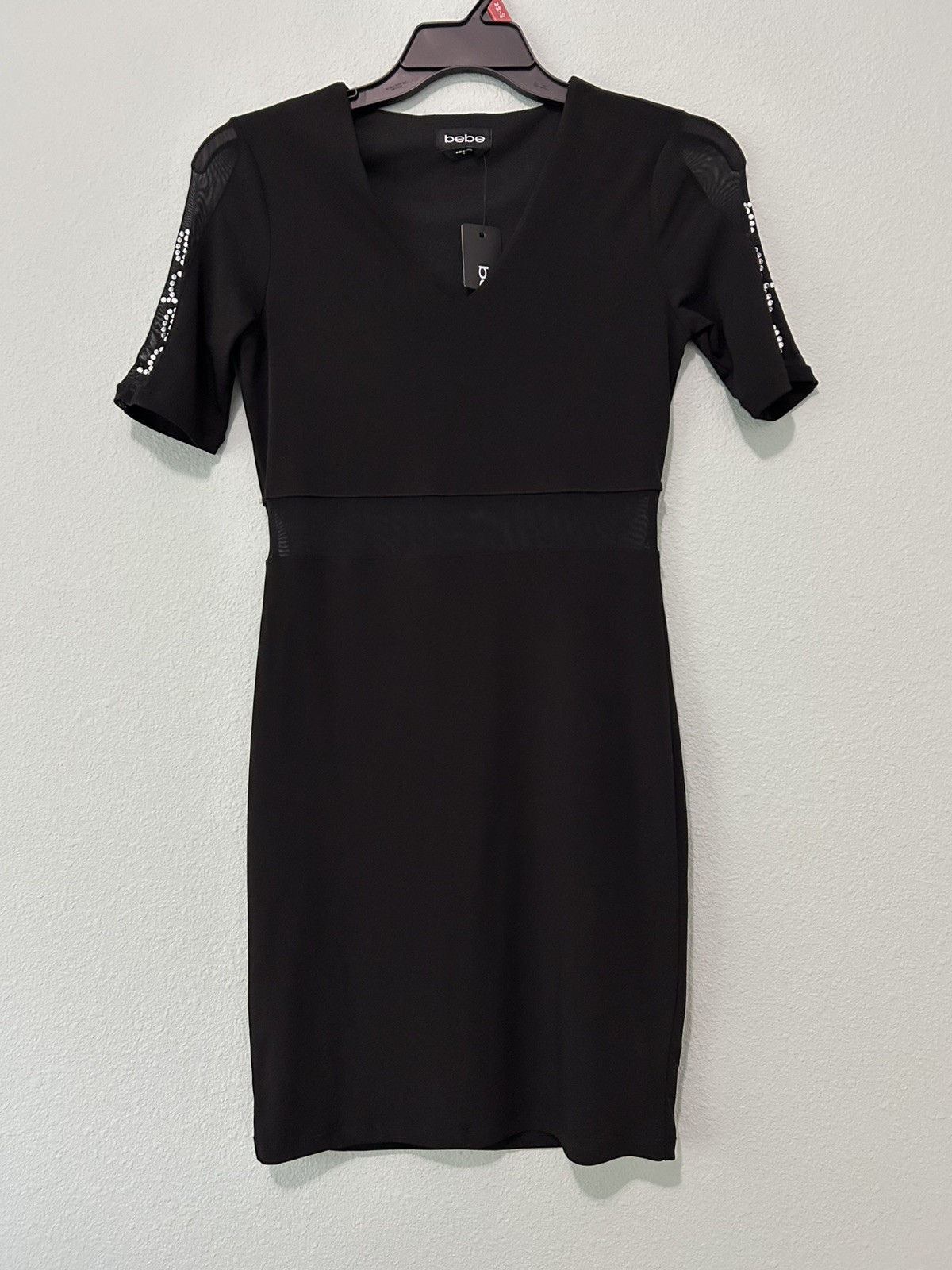 Bebe Below Knee Length 1/2 Sleeve Dress Women Size Small S Black Logo Poly Blend