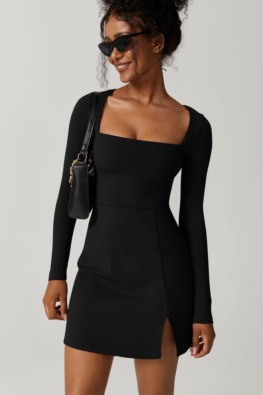 QINSEN Woman’s Solid Black Mini Dress Long Sleeve Square Neck Stretch Flare