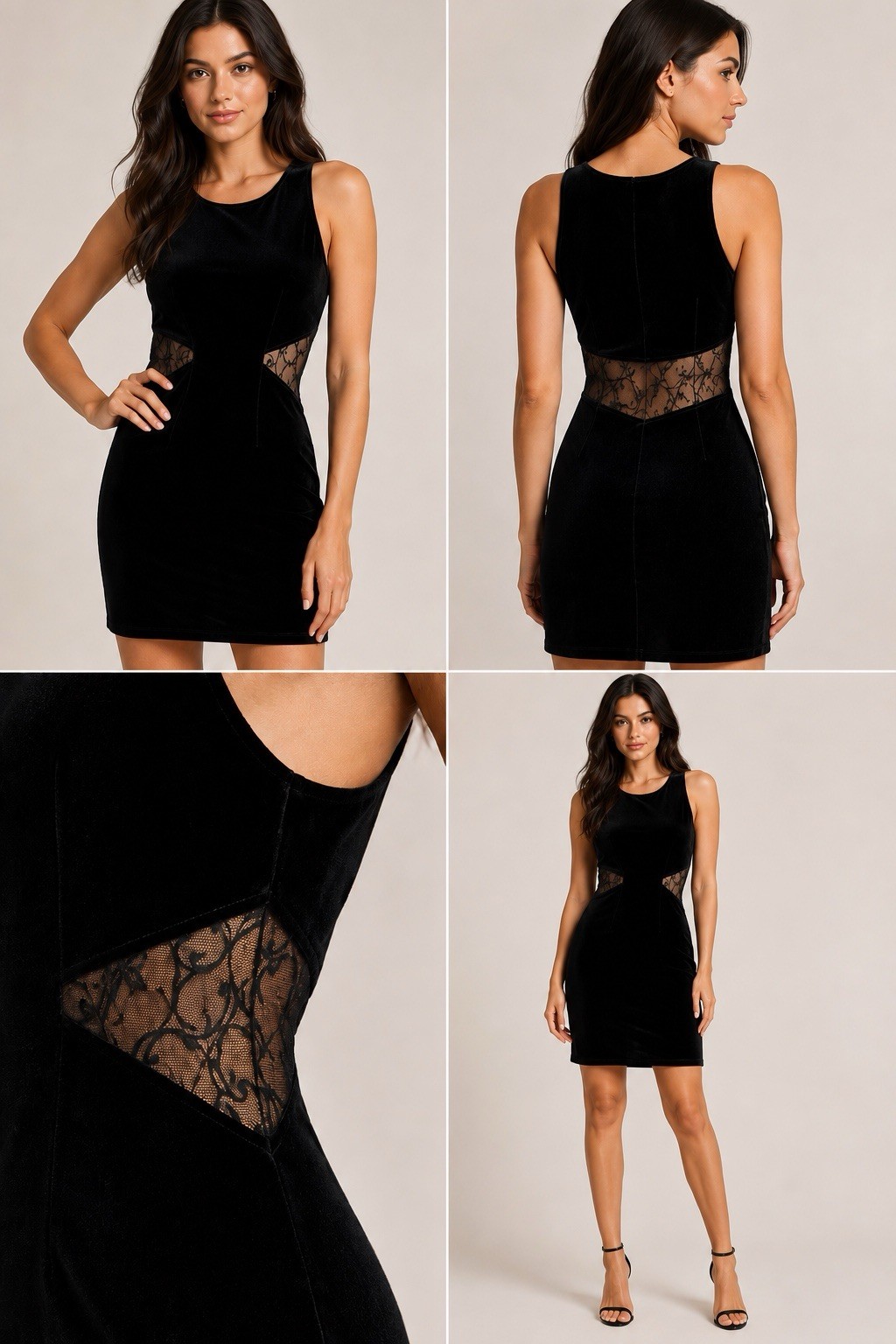 Vintage All That Jazz Black Velvet Mini Dress Side Mesh Panel Around The Back S