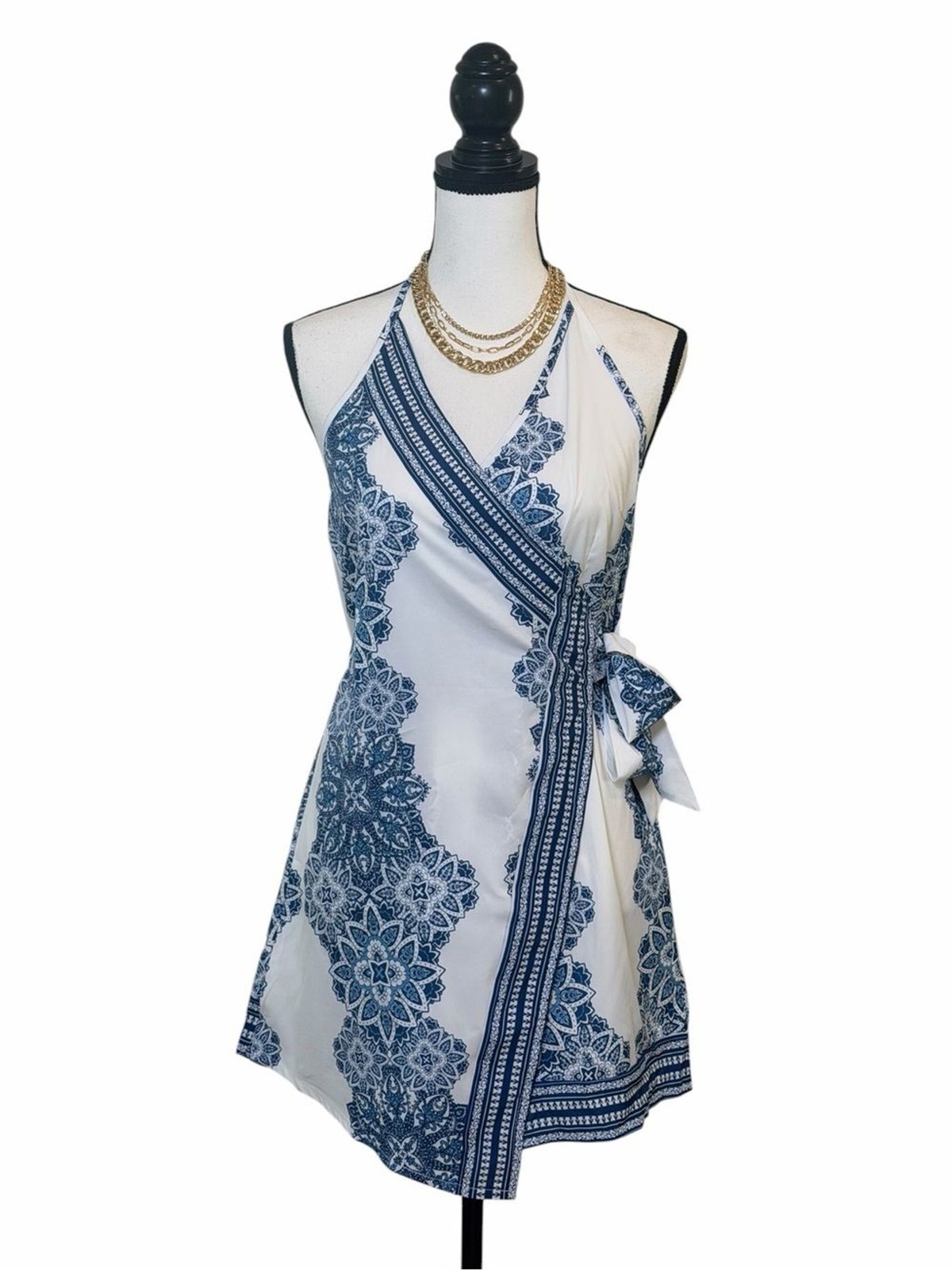 Source Unknown White & Blue Halter Wrap Mini Dress