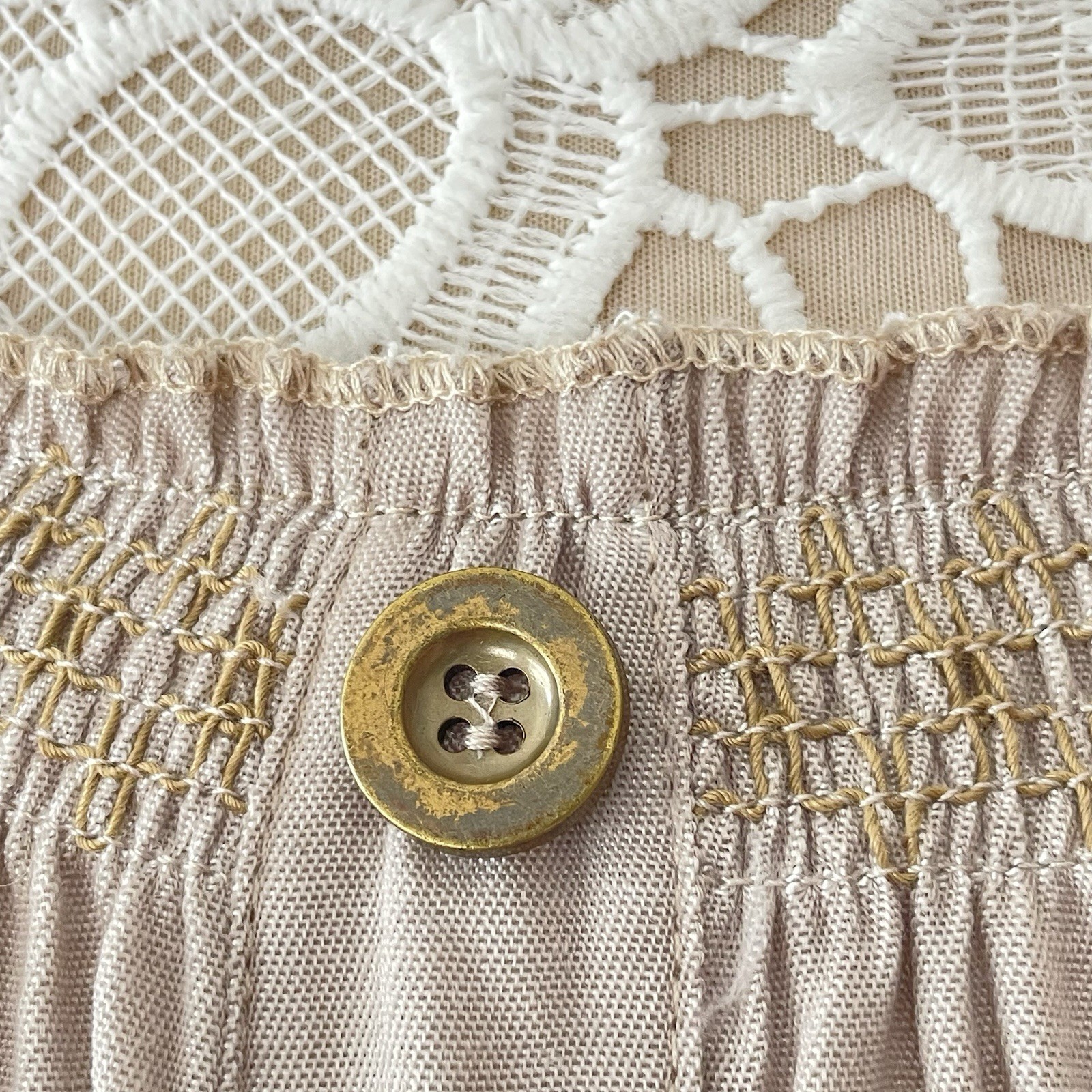 Indigo & Lace Milkmaid Maxi Dress Medium Taupe Tiered Resort Cottage Peasant