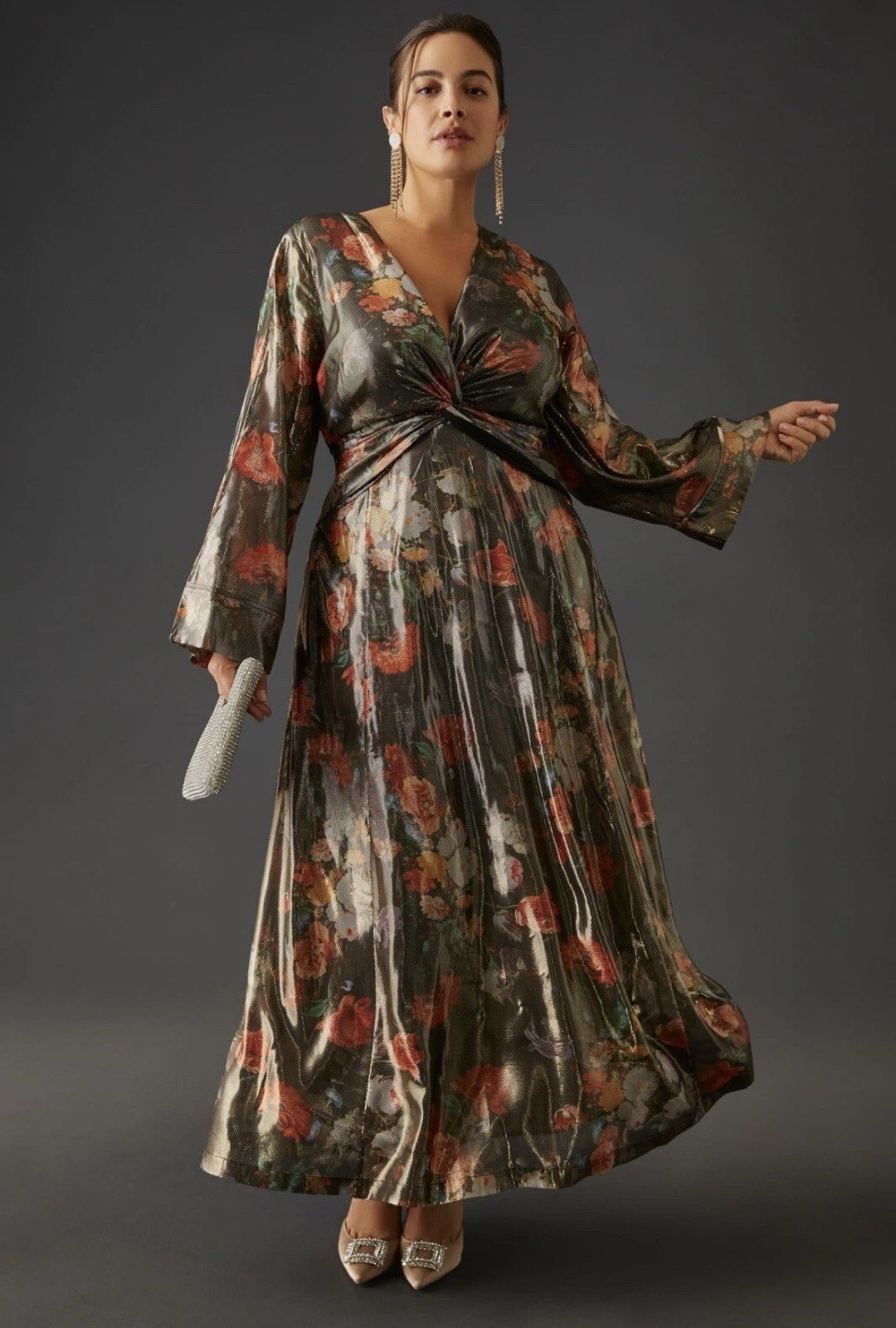 NWT Anthropologie Caballero Deep V Maxi Dress Large Floral Shimmer Fabric