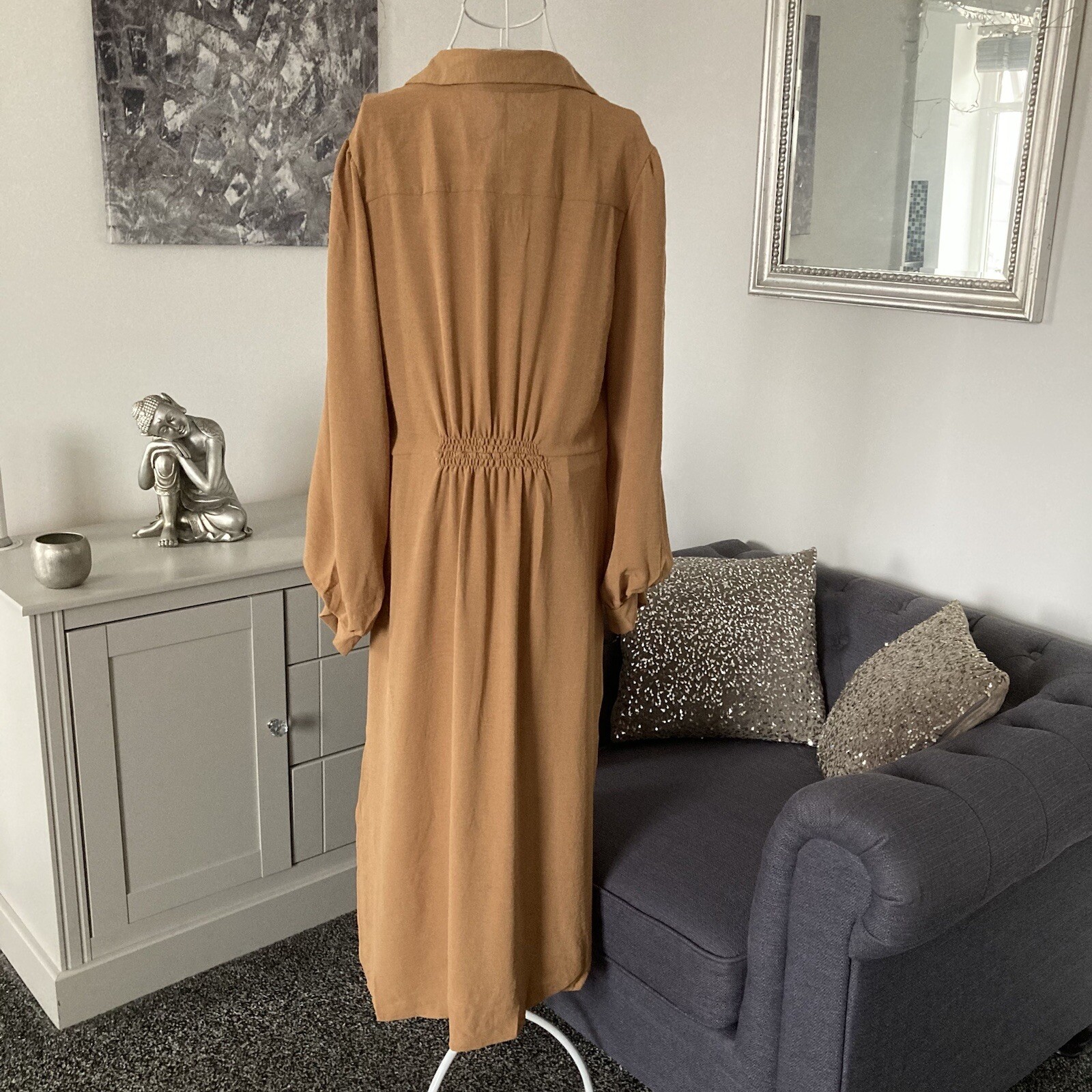 Camel Collared Long Sleeve Front Button Fastening Waist Tie Midi Shirt Dress 8