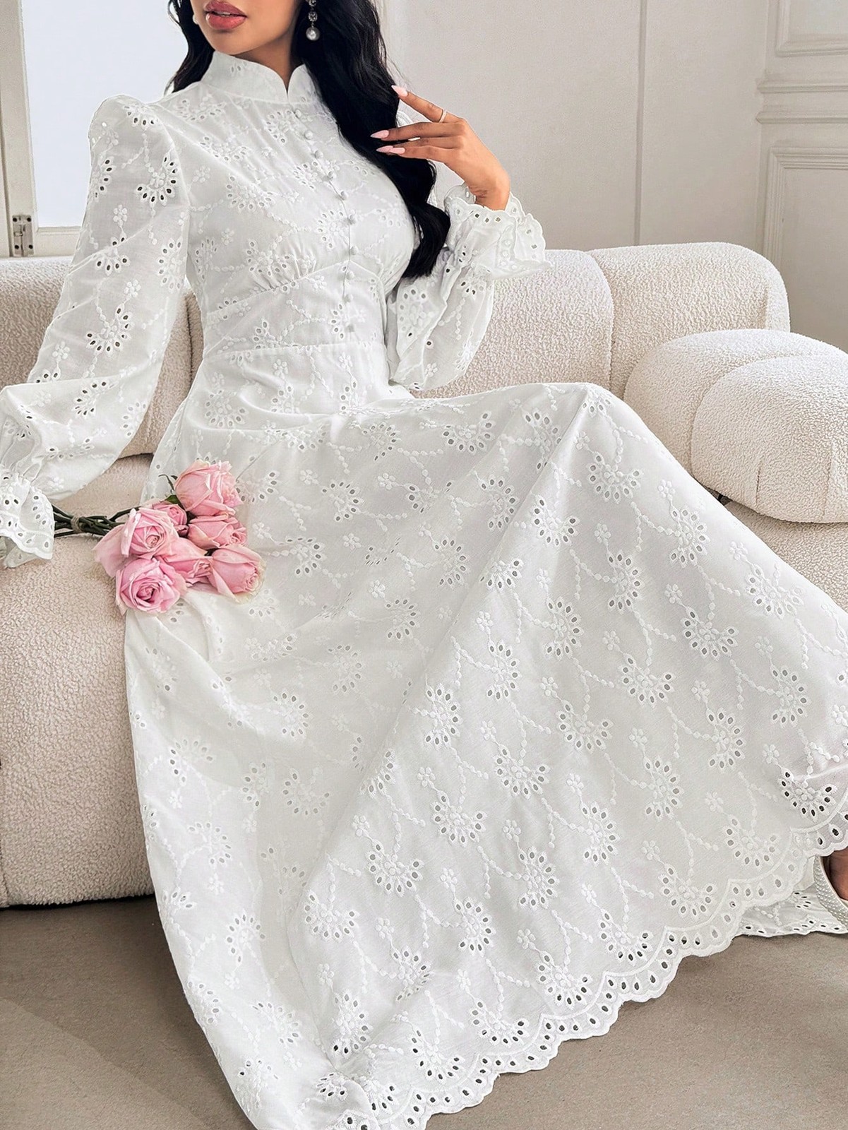 Elegant Ladies Stand Up Collar Puff Sleeve Maxi Dress