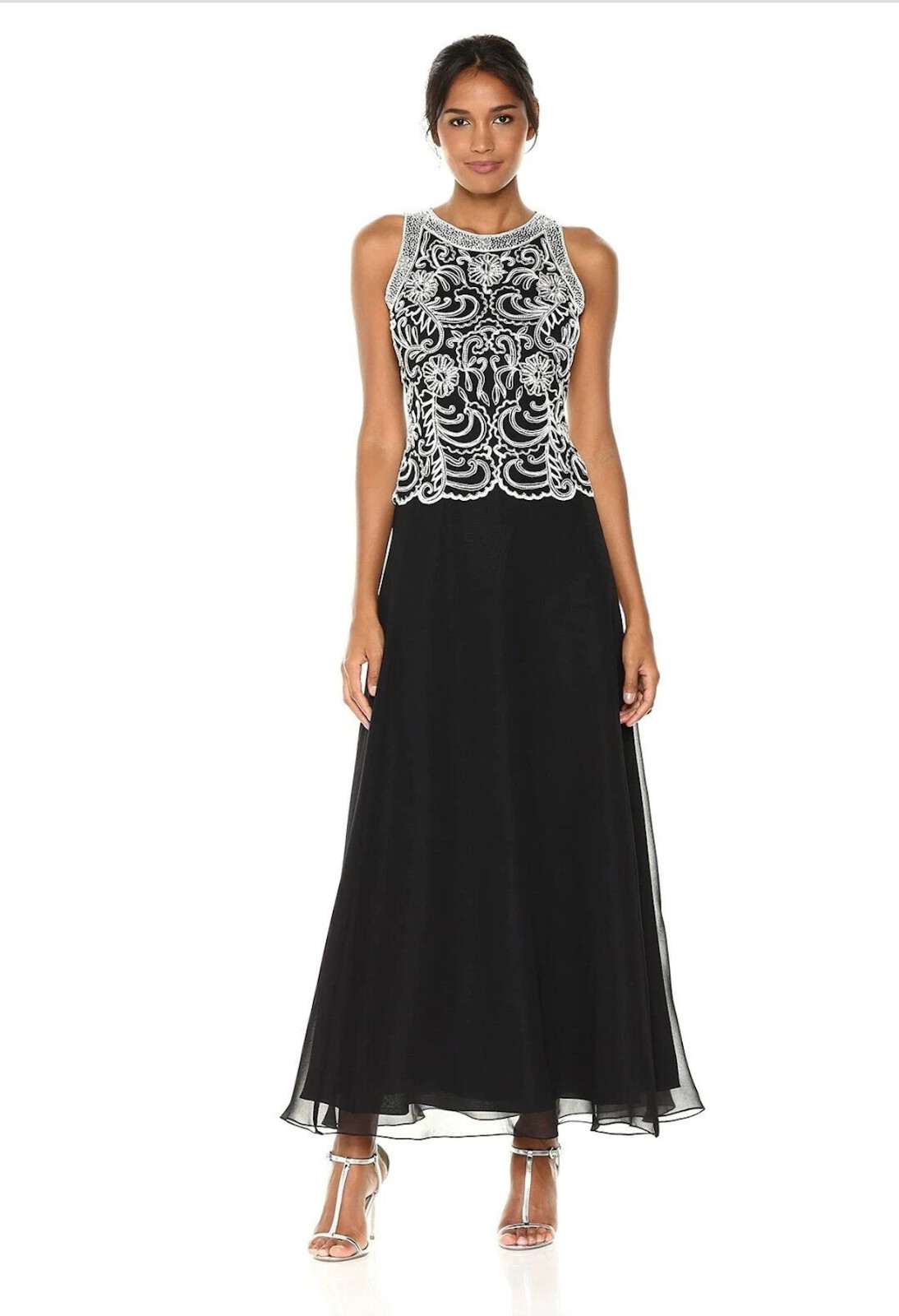 NWT J Kara Women’s 10P Embellished Beaded Pearl Floral Chiffon Gown Maxi Dress