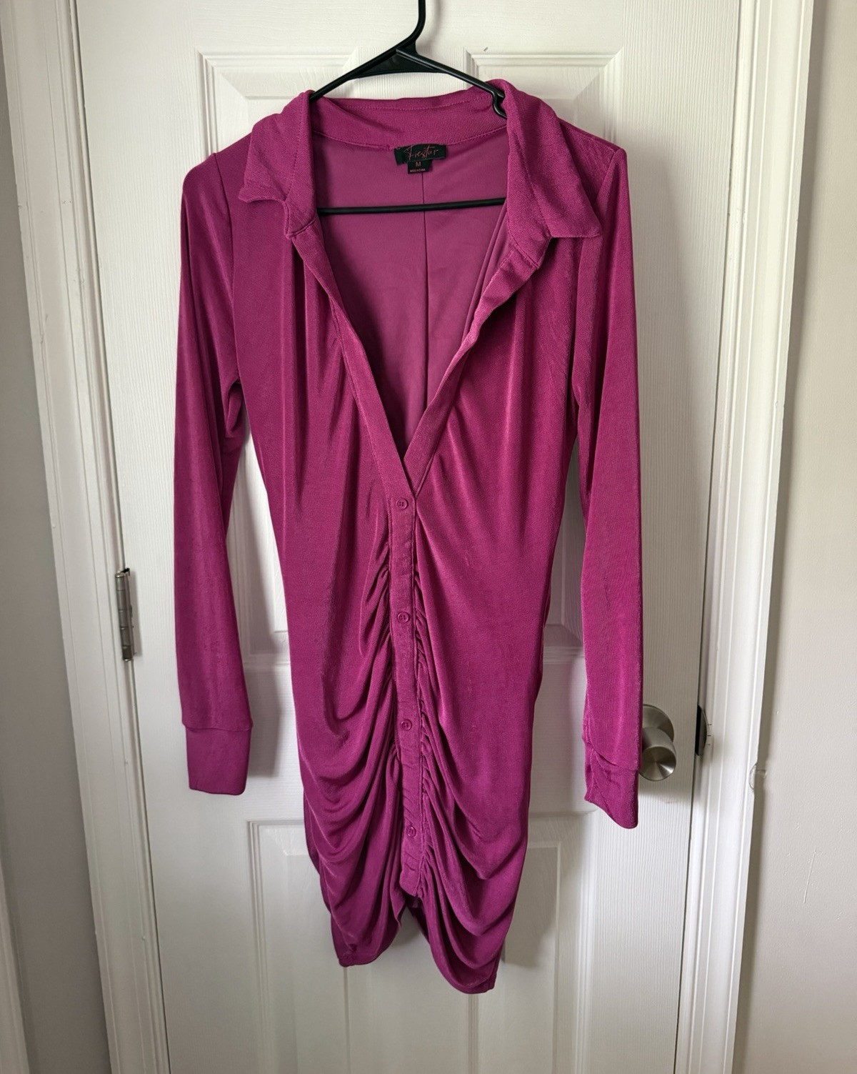 Foxy Jr Women’s M Purple Solid Ruched Button Front Collared Shirt Dress Short