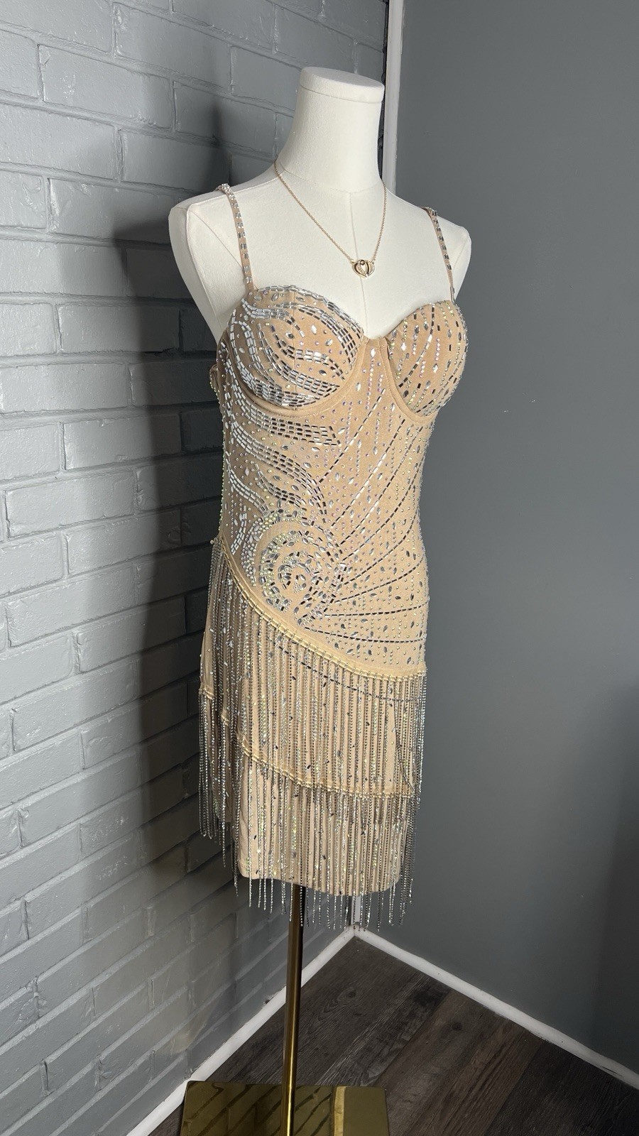 Banjul Nude Rhinestone Sparkly Fringe Layer Midi Sleeveless Dress Size Large