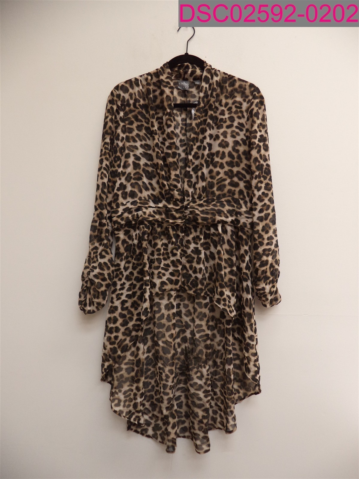 Hole-Stain on Back Bottom-NY&C Leopard Print Long sleeve Sheer Dress Large