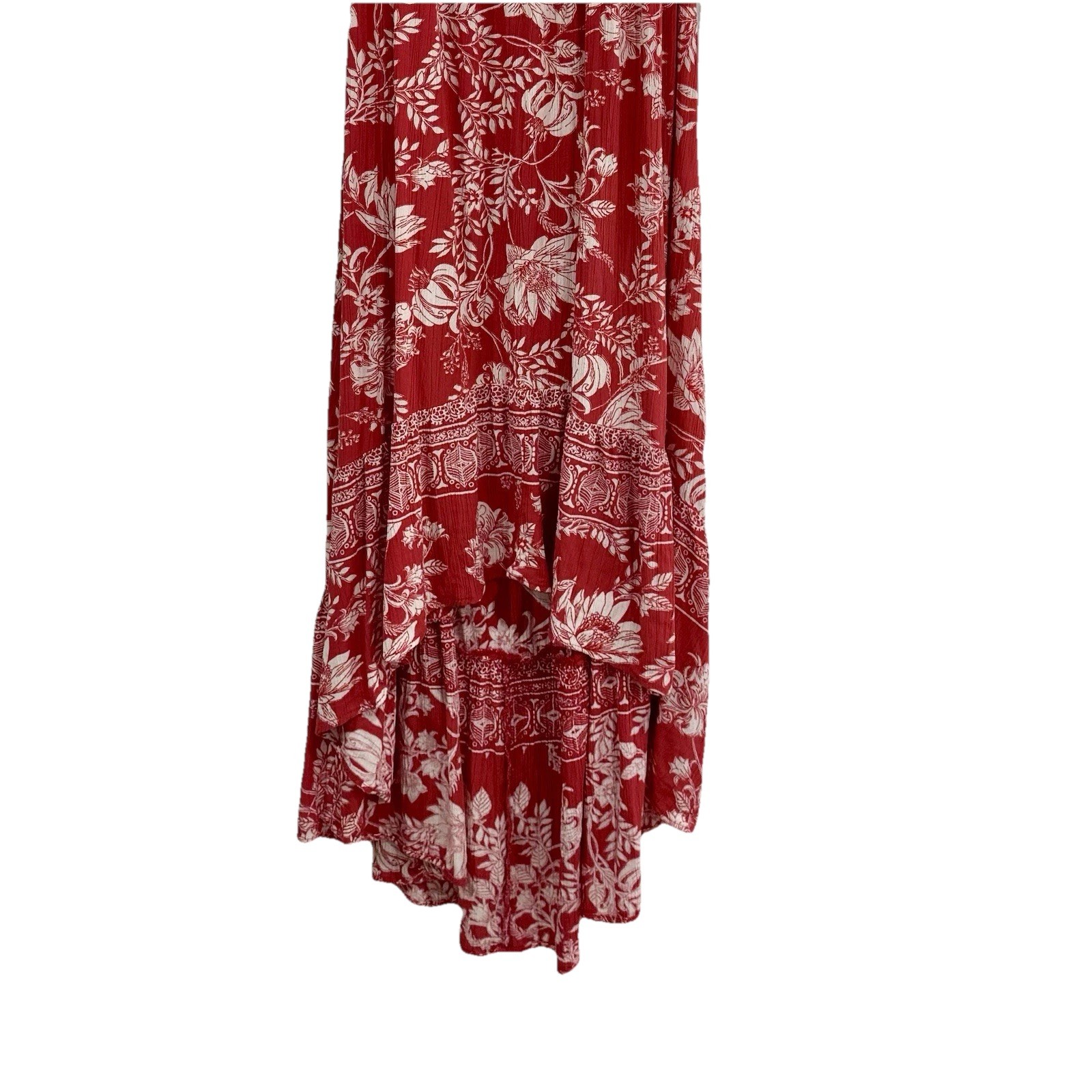 Angie Red White Floral Sleeveless Ruffle Dress V Scoop Neck Size S 100% Rayon