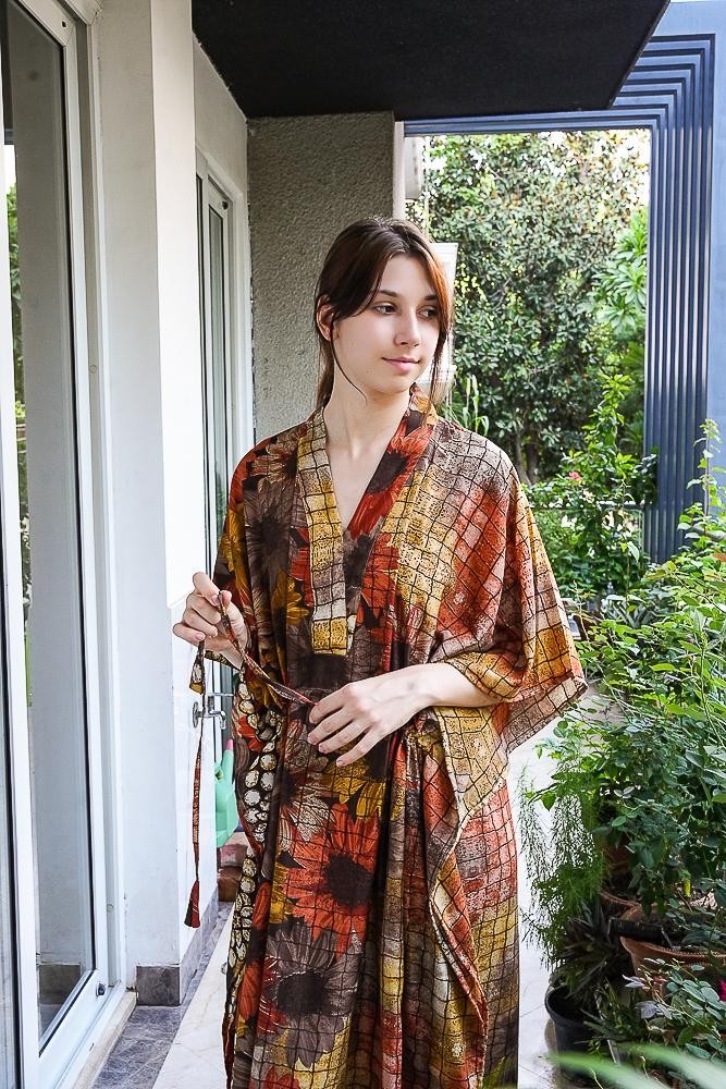 Silk Brown Kaftan / Handmade Flowy Maxi Dress / Resort Wear Outfit PS MFN1054