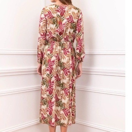 Parisian NWT Tropical Leaf Maxi Dress S 100% Cotton Pink Green Long Slv $158