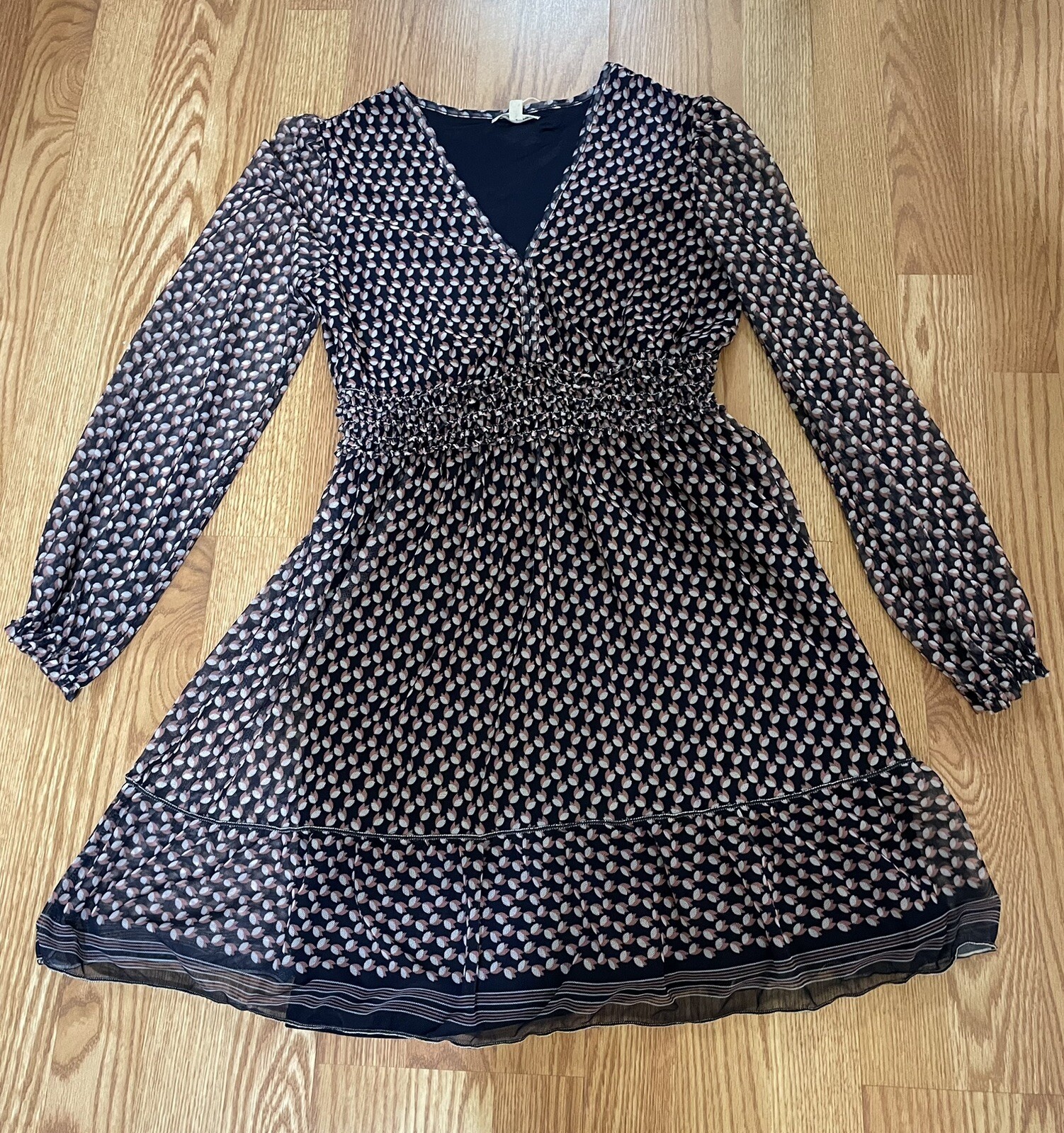 Max Studio Geometric Floral Print Navy,Pink & White Sheer Mesh Dress, size Small