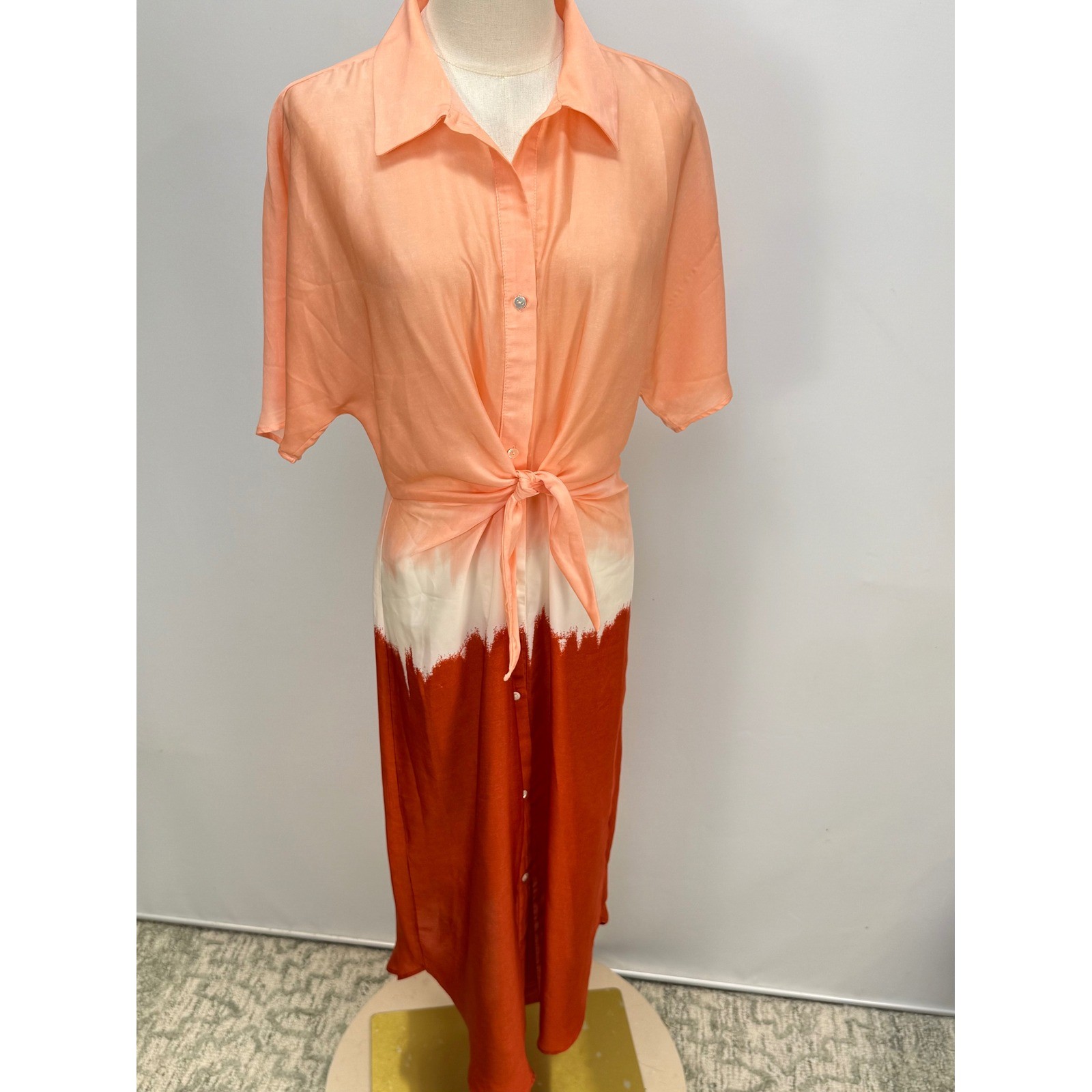 Anthropologie Mango Tie-Front Dip-Dye Midi Shirt Dress Peach Orange Rust Ombre