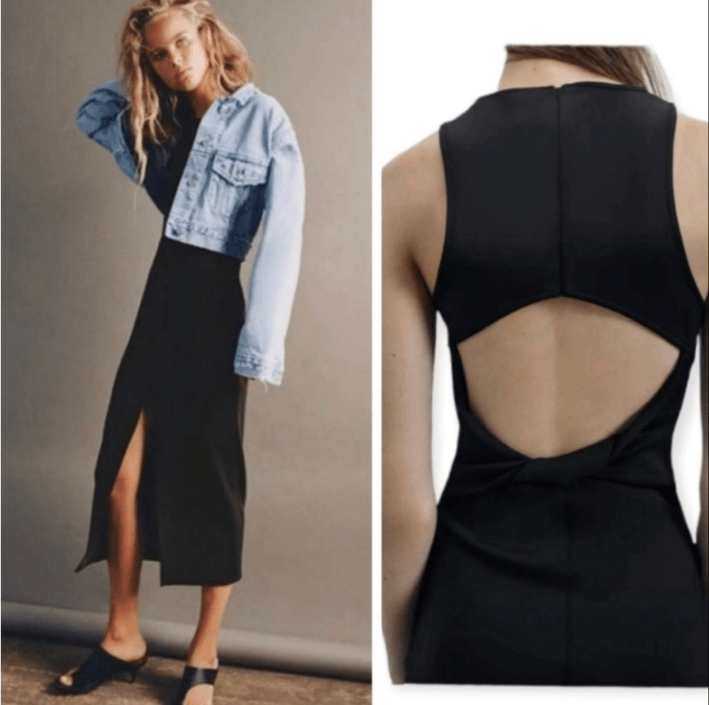 NWOT Zara Black Open Twist Back Neoprene Scuba Maxi Dress Size Small