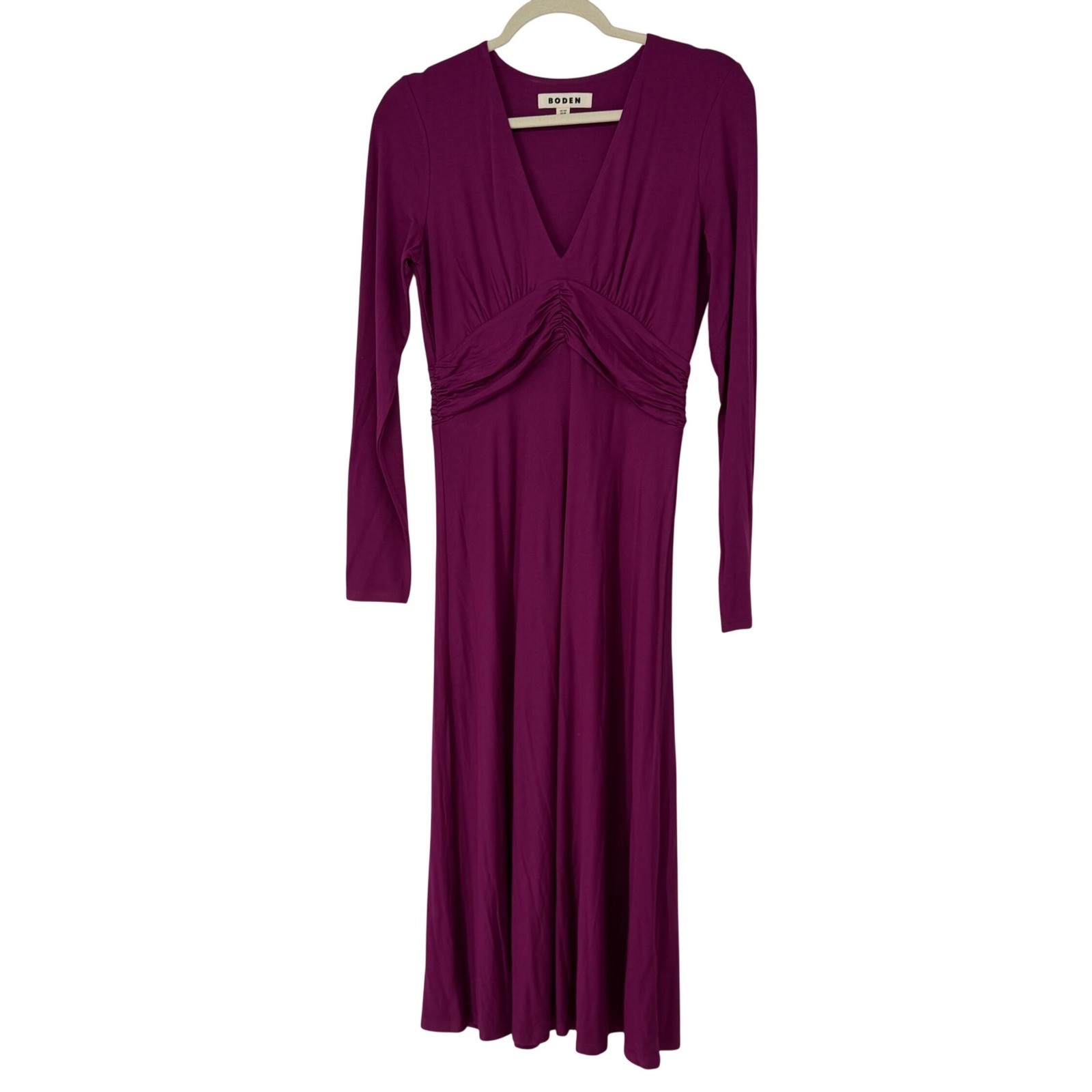 Boden Women Purple Ruched Waist Long Sleeve V-Neck Midi Dress US 6R UK 10R