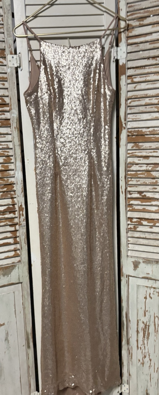 Lulu’s Rose Gold Sequin Sleeveless Open Back High Neck Formal Maxi Gown S
