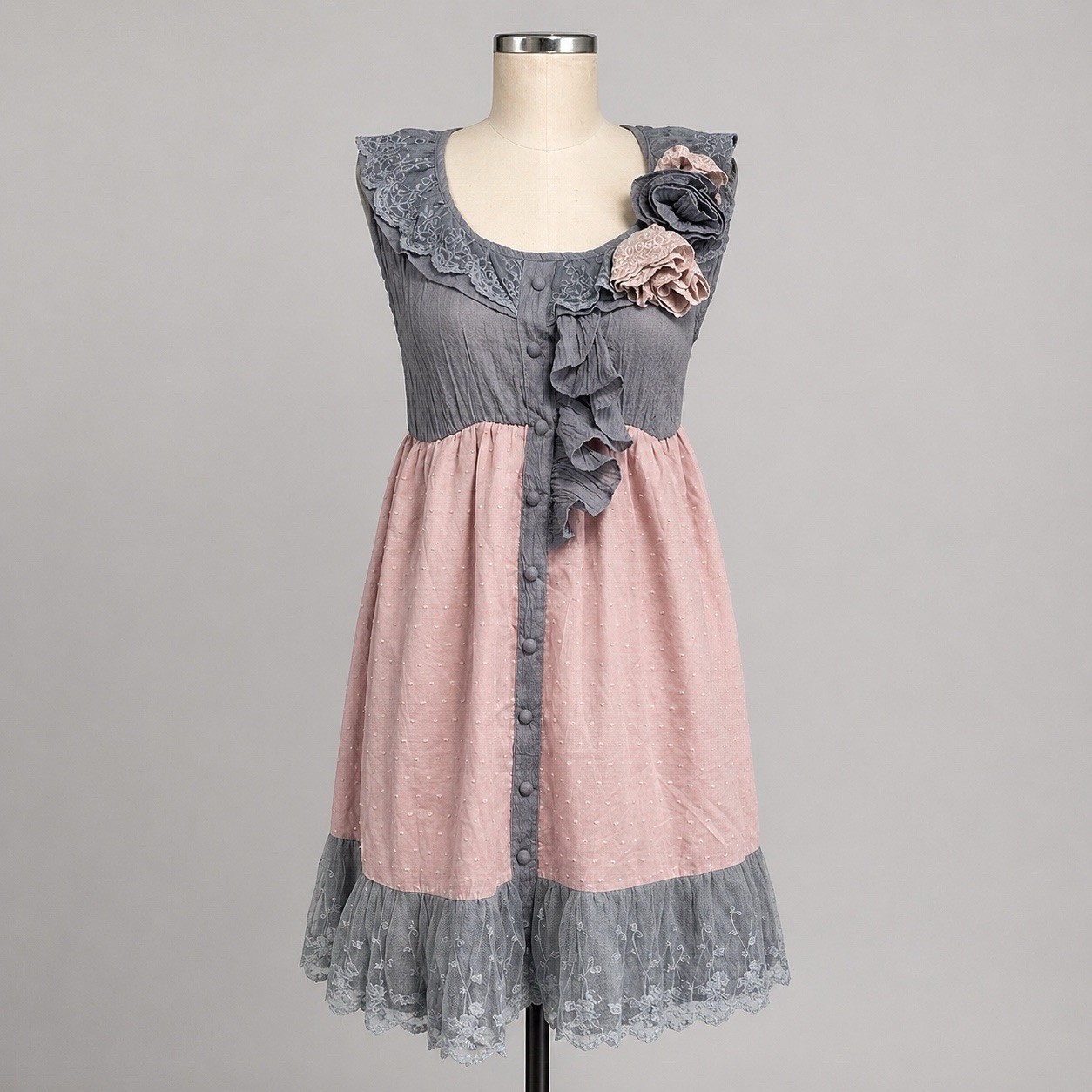 Ryu Large NWT Sleeveless Lace Trim Colorblock Dress Boho Romantic Pink Gray