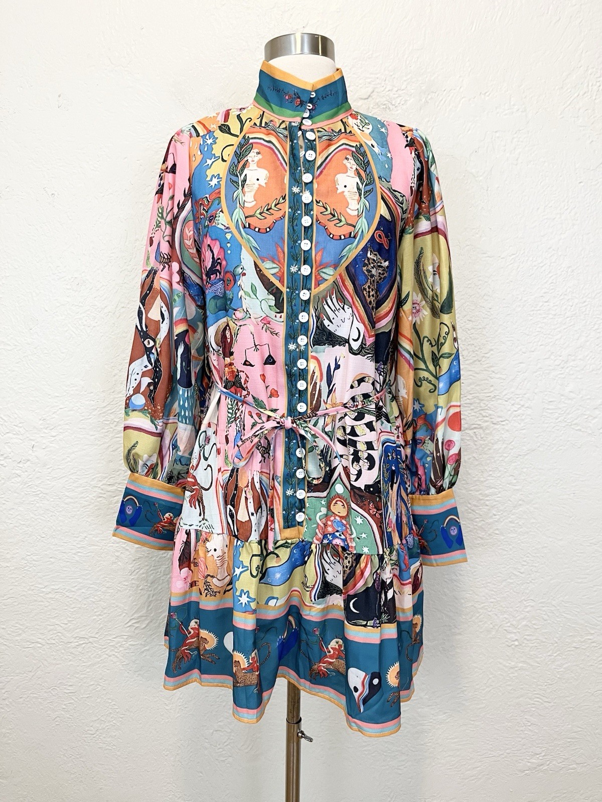Multicolor Printed Art Dress Tropical Ethnic Resort Small S