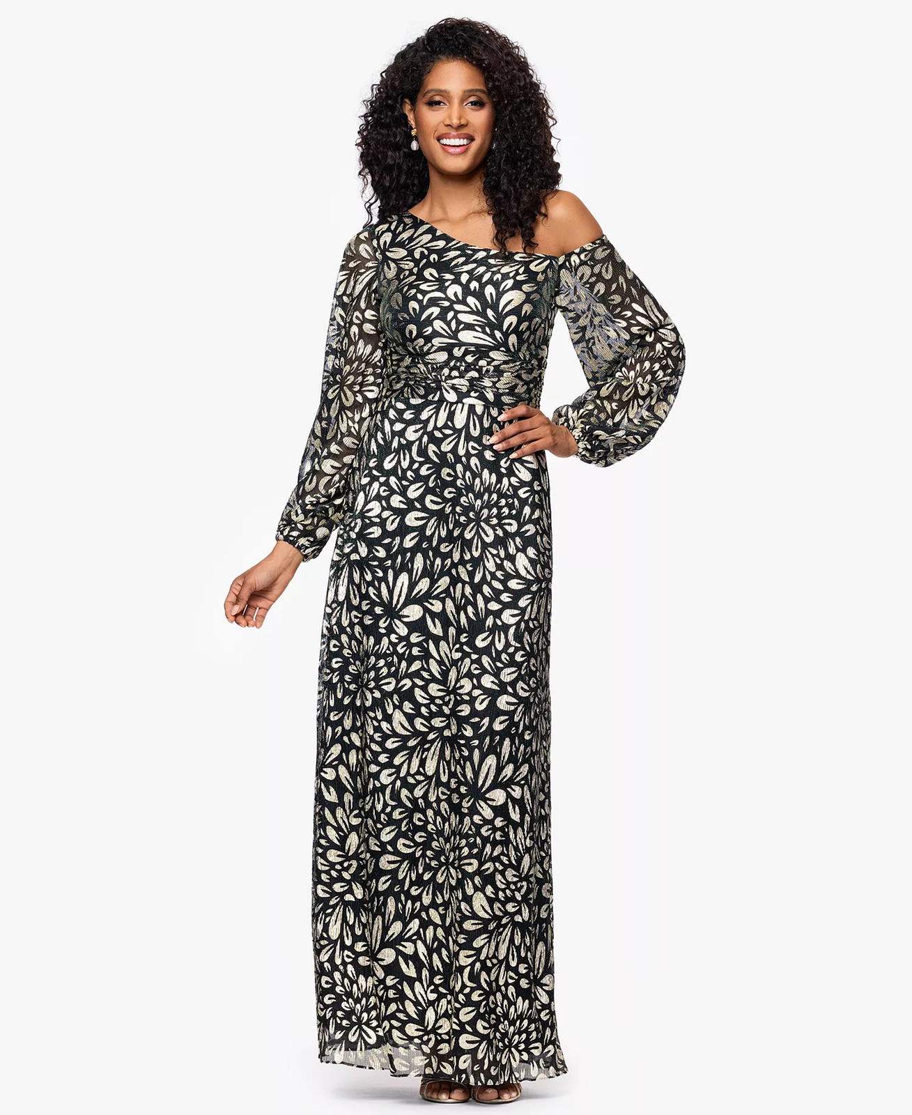Betsy & Adam Petite Gown 6P Green Gold Metallic One Shoulder NWT $199