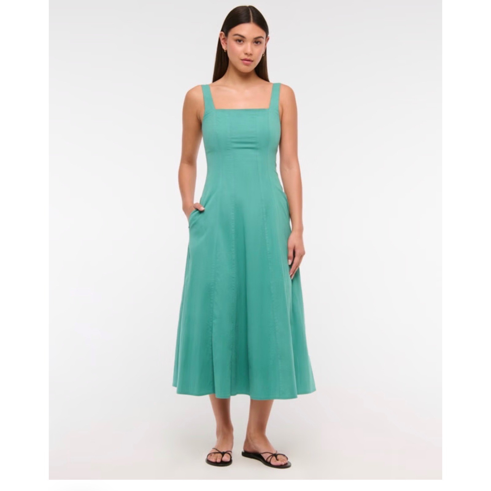 Abercrombie & Fitch Womens Square Neck Midi Dress Turquoise Green Pockets Medium