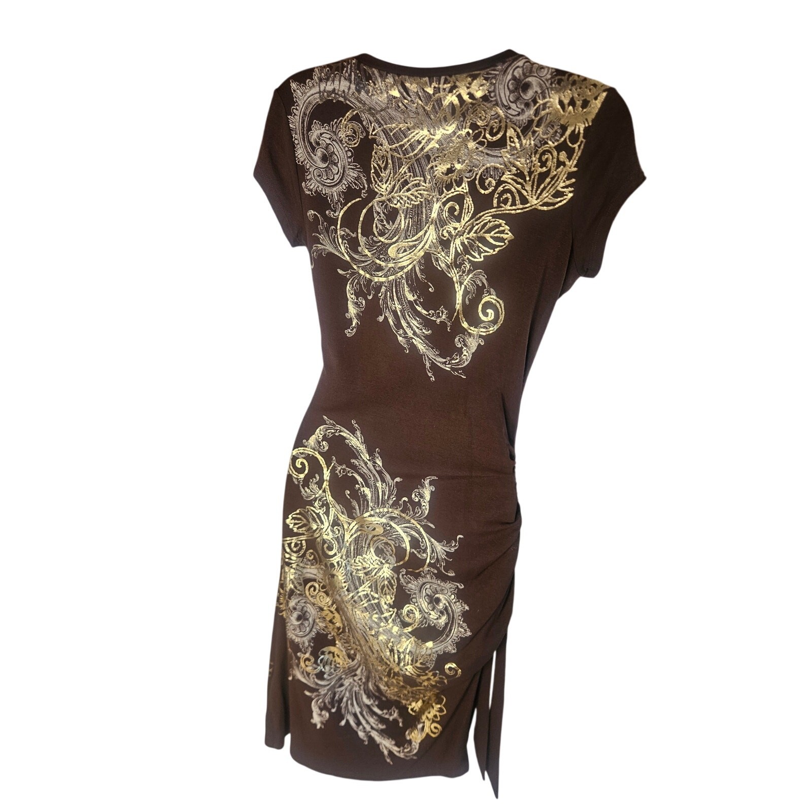 Cache Brown With Gold Silver Print Bodycon Dress Sz M Stretchy V Neck