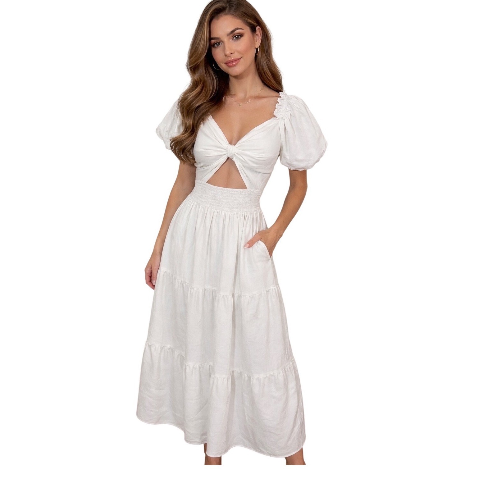 White Twist Front Cutout Puff Sleeve Dress Smocked