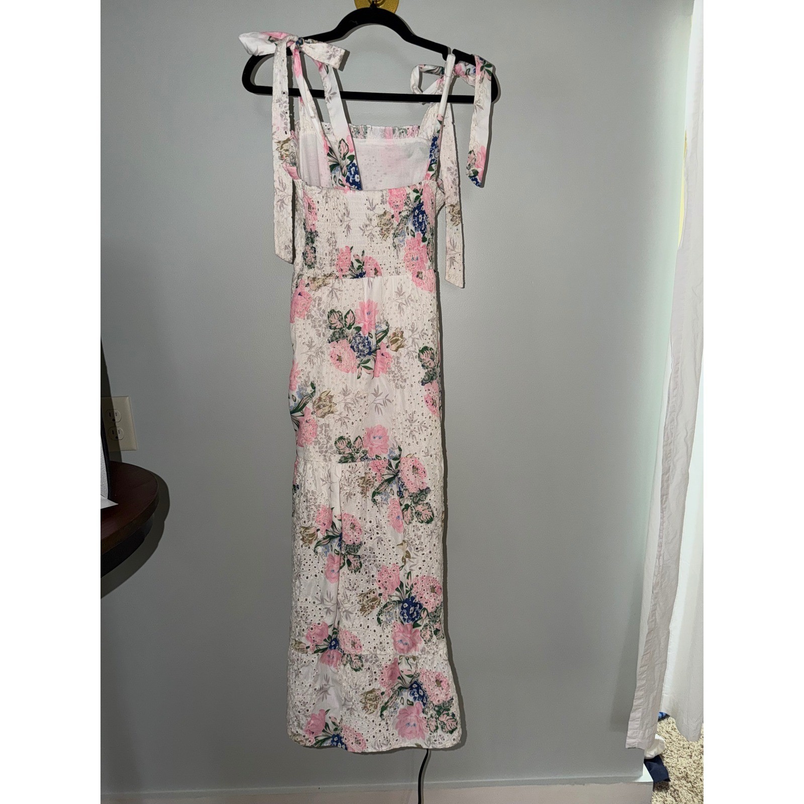 Sunday Up Floral Eyelet Lace Tie Shoulder Smocked Midi Dress Pink White Medium