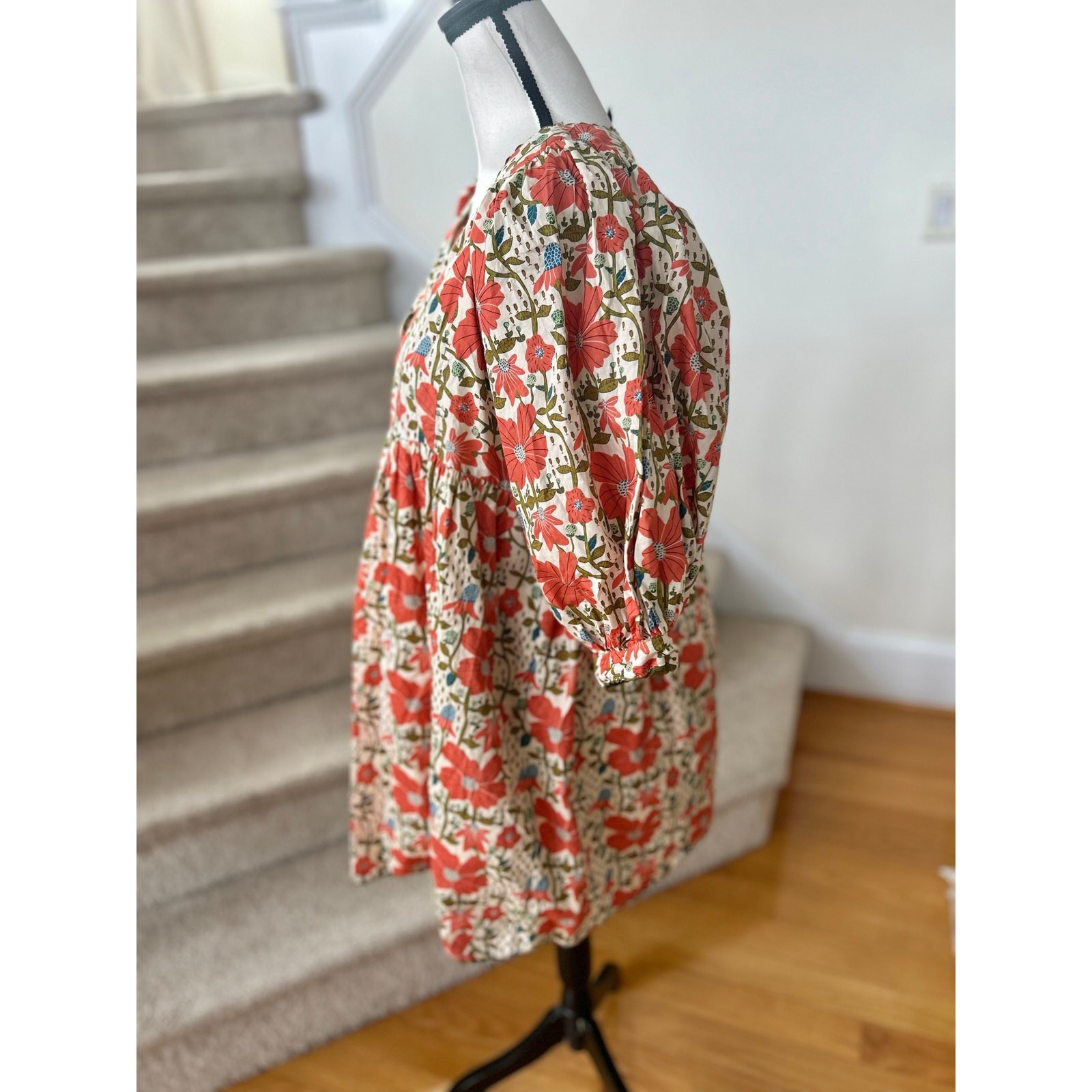 Gigio Cream Orange Olive Green Puff Sleeve Floral Block Print V-Neck Mini Dress