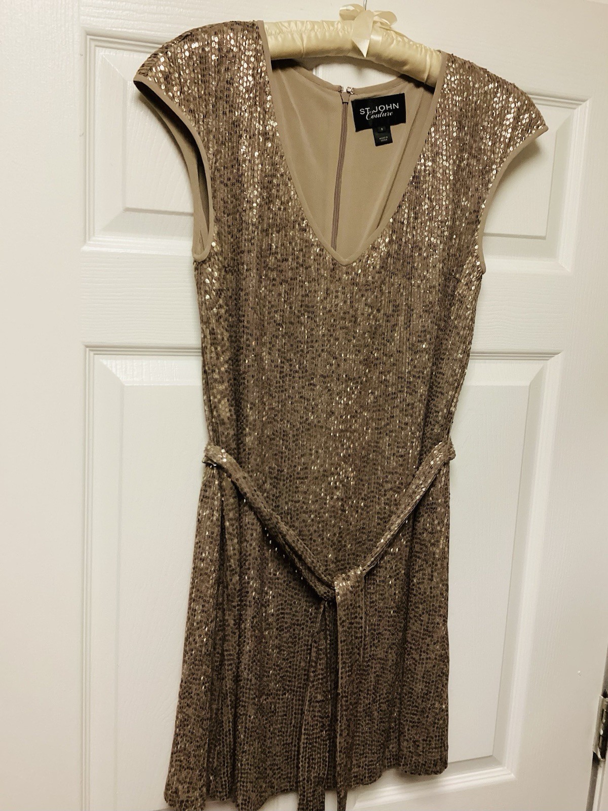 St John Couture Taupe Sequin Silk Belted Shift Dress Evening Sz 8 💛 LOW PRICE