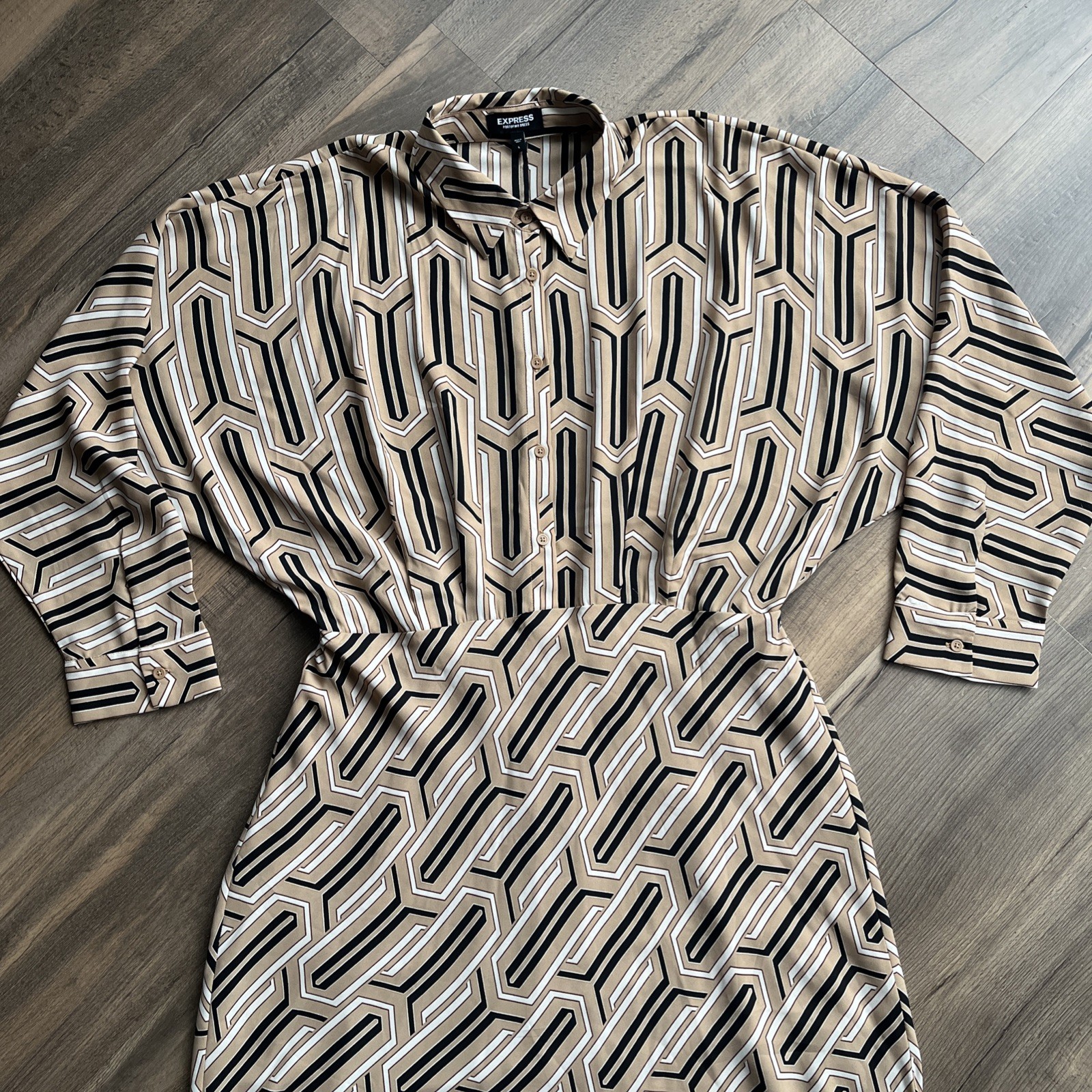 Express Half Button Up Midi Portofino Shirt Dress Graphic Print Lined Skirt L