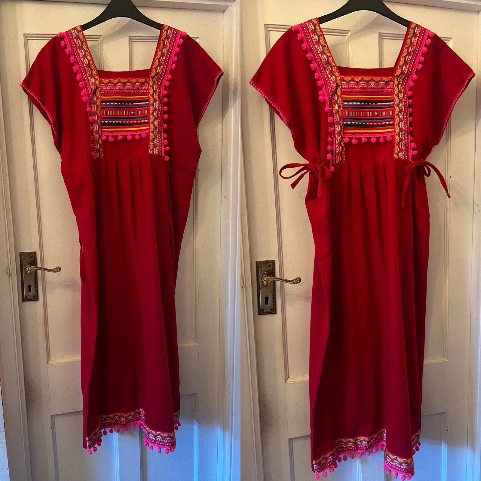 Red & Pink Summer Dress With Ribbon Embellishments Made In Thailand,UK12/14