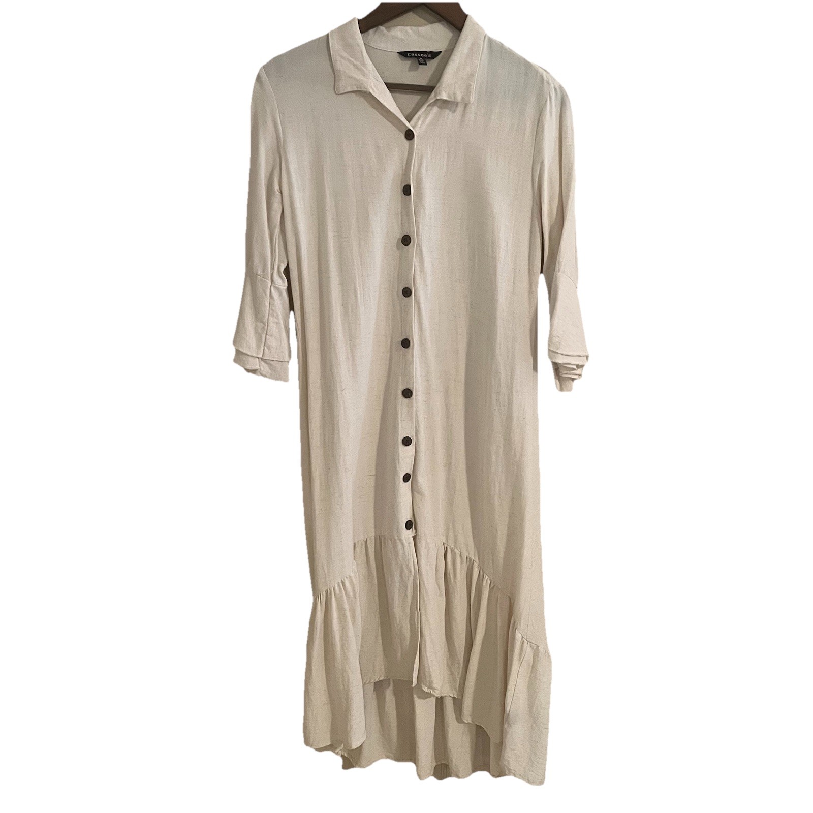 Cassee’s Linen Blend Midi Dress S Ivory Bell Sleeve Ruffle Hi Low Elevated Basic