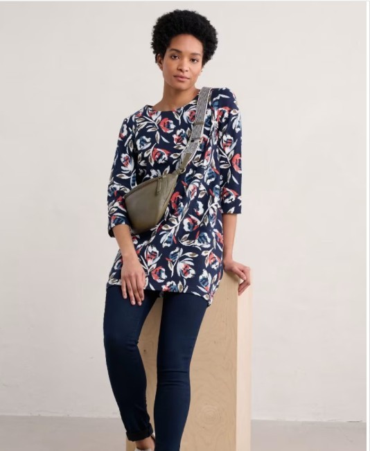 Seasalt Cornwall Shore Foraging Tunic Dress Pockets navy Blue Floral Long Sleeve