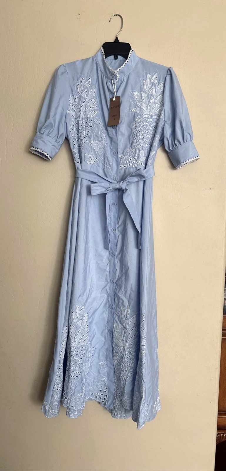 Utcoco Women’s Embroidered Eyelet Maxi Shirt Dresses Belted Puff size-S NEW